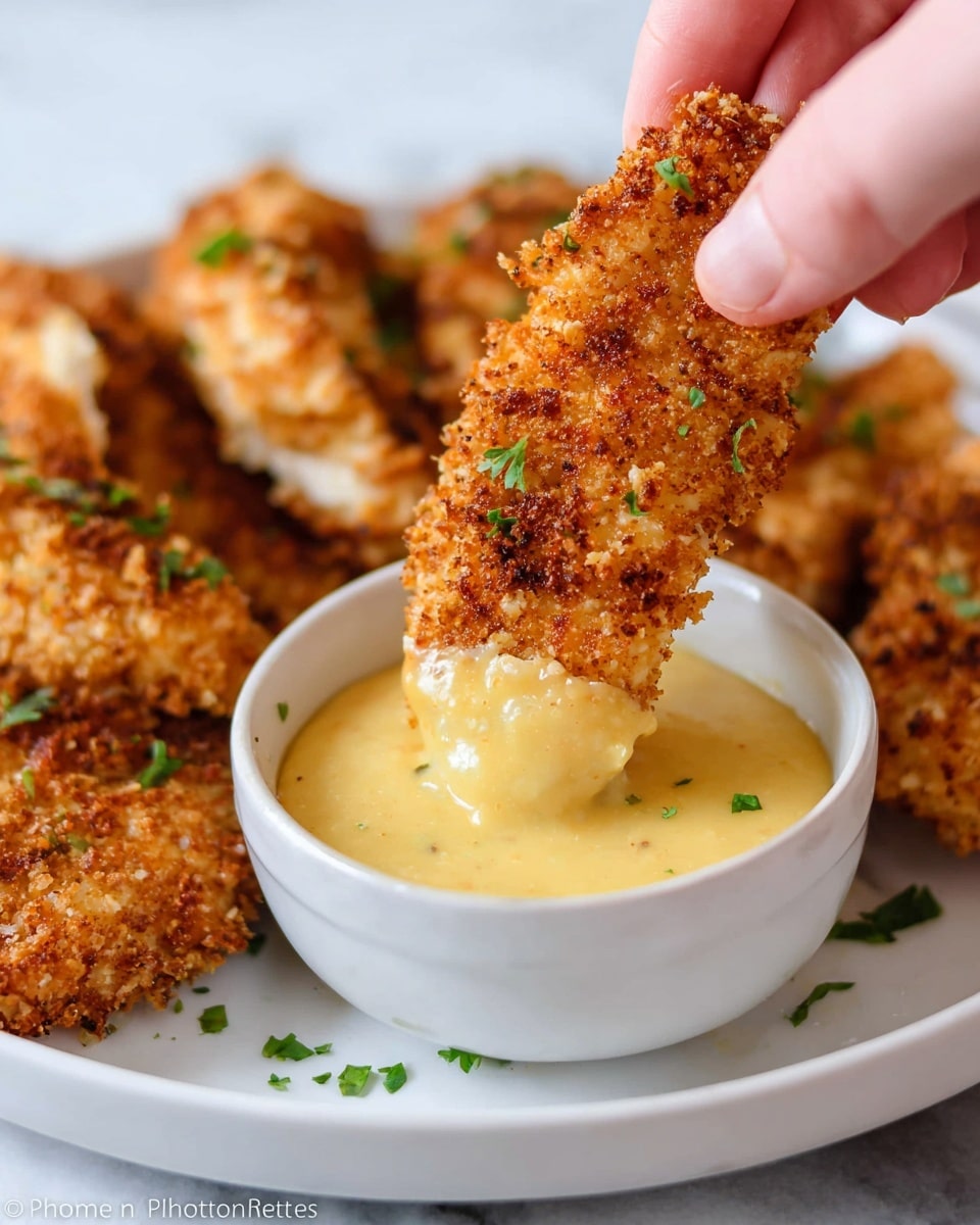 A woman's hand holds a golden-brown, crispy breaded chicken strip, dipping it into a small white bowl filled with creamy, pale yellow sauce. Below, a white plate holds several more crispy chicken strips garnished with small green herb pieces. The background is a soft white marbled texture with slight green herb blurs, enhancing the focus on the crunchy texture of the chicken and the smooth sauce. Photo taken with an iphone --ar 4:5 --v 7