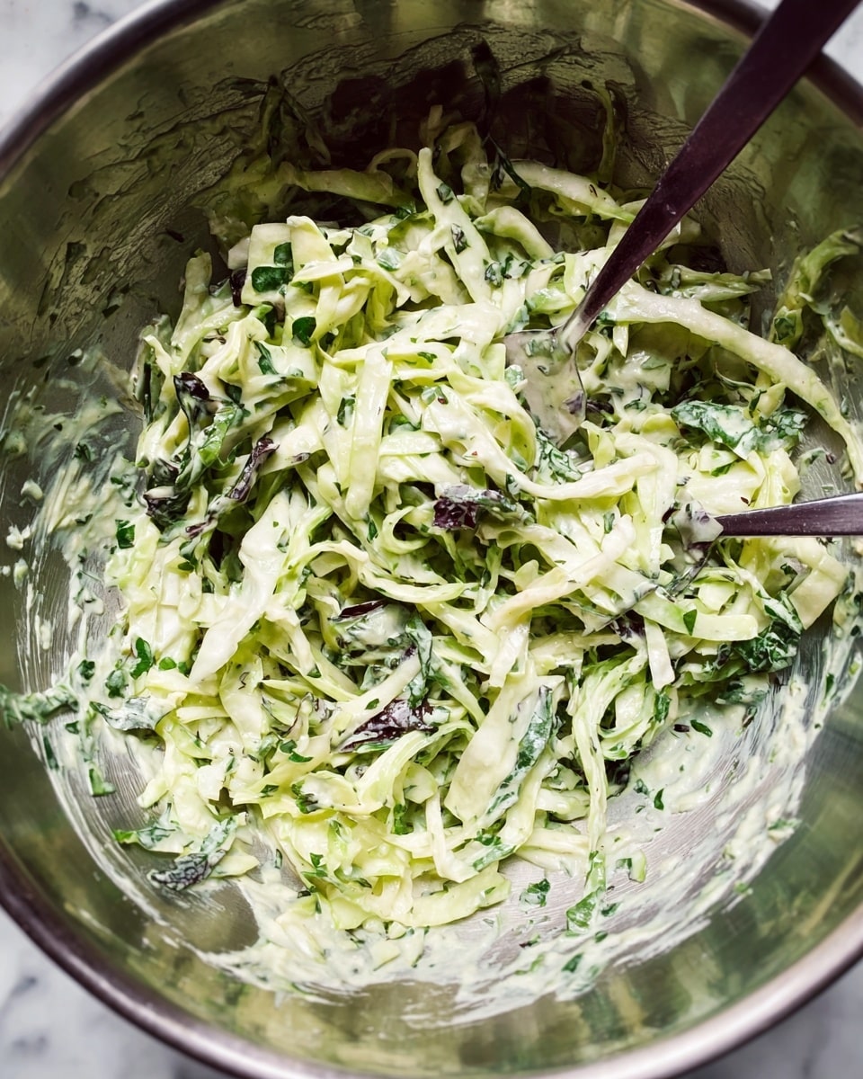 Inside a large shiny metal bowl, there is a fresh salad made of thinly sliced pale green cabbage mixed with small dark green leafy herbs. The salad is coated in a creamy light green dressing that gives it a smooth texture. Two silver forks rest partially buried in the salad, one at the bottom left and the other in the middle right. The white marbled surface faintly reflects light around the edges of the bowl. Photo taken with an iphone --ar 4:5 --v 7
