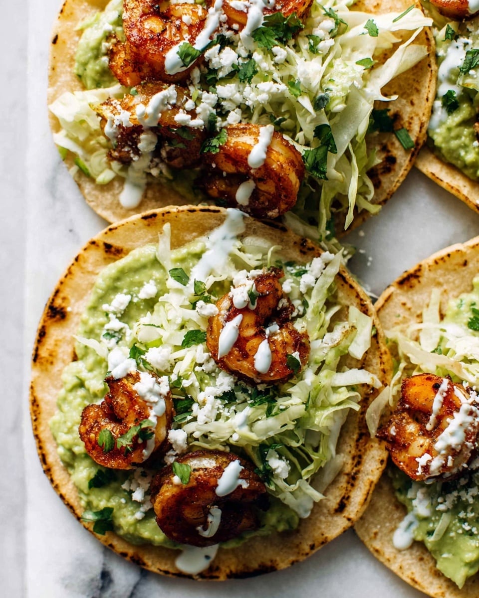 There are three tacos on a white marbled surface, each with a soft toasted tortilla as the base. The first layer on the tortilla is a green guacamole spread with a creamy texture. On top of the guacamole, there are several browned shrimp, cooked with a slightly crispy outer layer. Around the shrimp is a layer of finely shredded white cabbage mixed with chopped green herbs. The tacos are topped with a white creamy sauce drizzled over the ingredients and small bits of white cheese scattered on top. The tacos are close together, showing their layers clearly, with a bright and fresh feel. Photo taken with an iphone --ar 4:5 --v 7