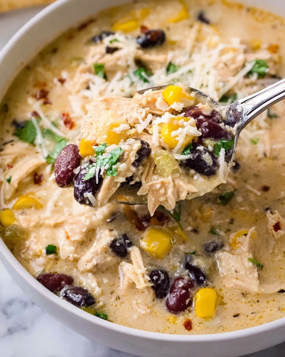 A close-up of a creamy soup in a white bowl on a white marbled surface, showing a rich, thick base with chunks of shredded chicken, yellow corn, dark red and black beans, and small bits of green cilantro mixed throughout. A silver spoon holds a generous scoop of the soup above the bowl, displaying the same layers: creamy light beige broth, soft yellow corn kernels, tender chicken pieces, black and red beans, fresh green herbs, and a sprinkle of white shredded cheese with tiny red pepper flakes. The textures look soft and hearty, with a slightly thick and smooth liquid coating all the ingredients. Photo taken with an iphone --ar 4:5 --v 7
