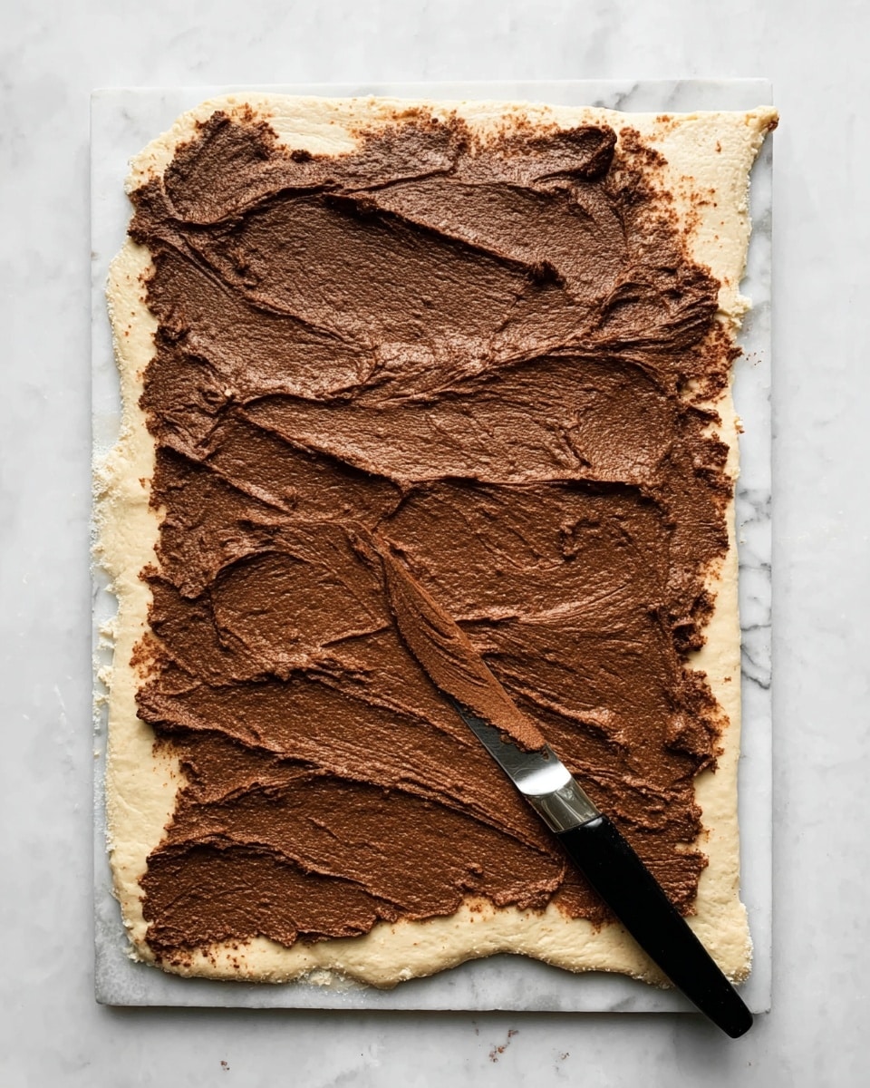 A rectangular piece of light beige dough rests on a white marbled surface, with a thick layer of dark brown spread unevenly covering most of the dough except for a small area at the bottom. The rich spread has a slightly rough texture and shows visible strokes from spreading, creating curve-like patterns on the surface. A black knife with a silver detail lies diagonally at the bottom right corner, partially covered with the dark spread. The edges of the dough are smooth but slightly uneven, with a soft and fluffy appearance. photo taken with an iphone --ar 4:5 --v 7