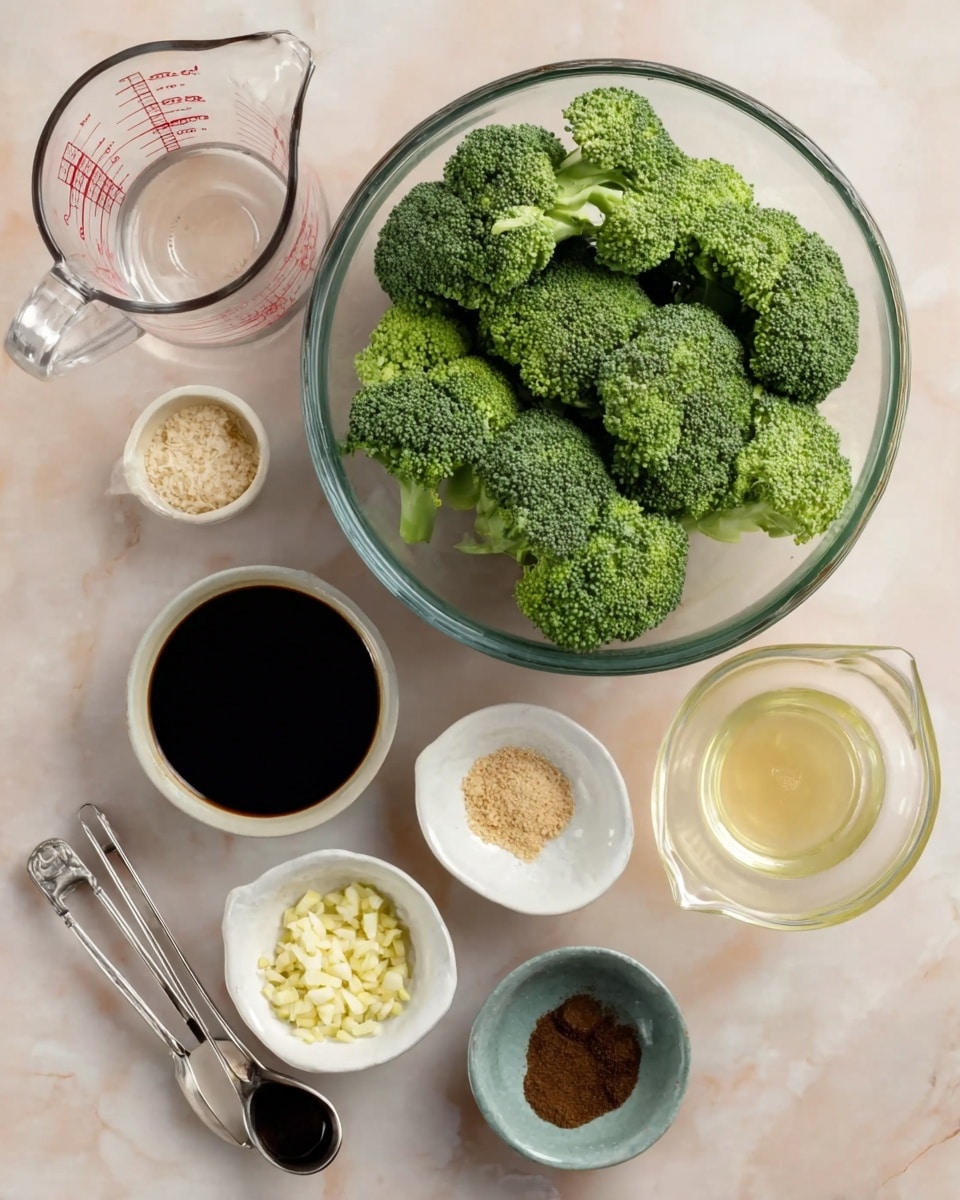 A clear glass bowl at the top filled with bright green broccoli florets, roughly seven to eight pieces with rough textured tops and thick stems. Below and scattered around in small white bowls are finely chopped light yellow garlic, a dark shiny black soy sauce, a small mound of light beige sesame seeds, a small amount of white powdery salt in a tiny bowl, a small heap of dark brown palm sugar in a blue-gray bowl, a small clear measuring cup with a light yellow liquid, and a larger clear glass measuring jug with red markings, all arranged neatly on a white marbled surface. Two metal measuring spoons, one holding dark brown soy sauce and the other white powdered salt, lie next to the clear glass jug. photo taken with an iphone --ar 4:5 --v 7
