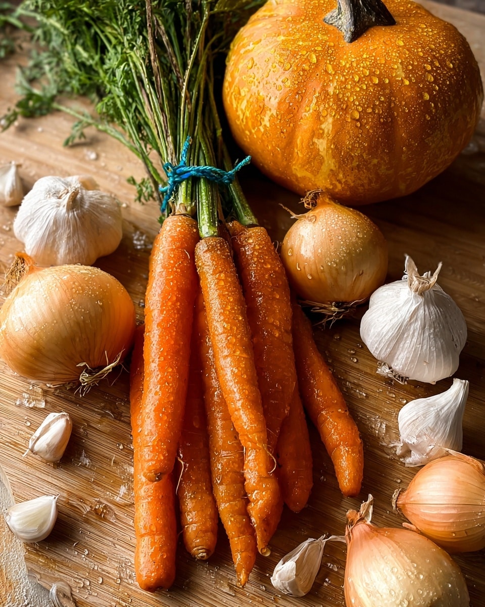A bunch of bright orange carrots with green tops tied by a blue band lies in the center on a light wooden board. Around the carrots, there are five pale yellow onions, some with their skins peeling and showing a shiny texture with drops of water on them. Near the top corners, several peeled garlic cloves add contrast with their white and slightly shiny surface. On the right side, a medium-sized orange pumpkin with a slightly rough skin and water droplets sits close to the carrots. The whole scene is well-lit, showing natural textures of the fresh vegetables. Photo taken with an iphone --ar 4:5 --v 7