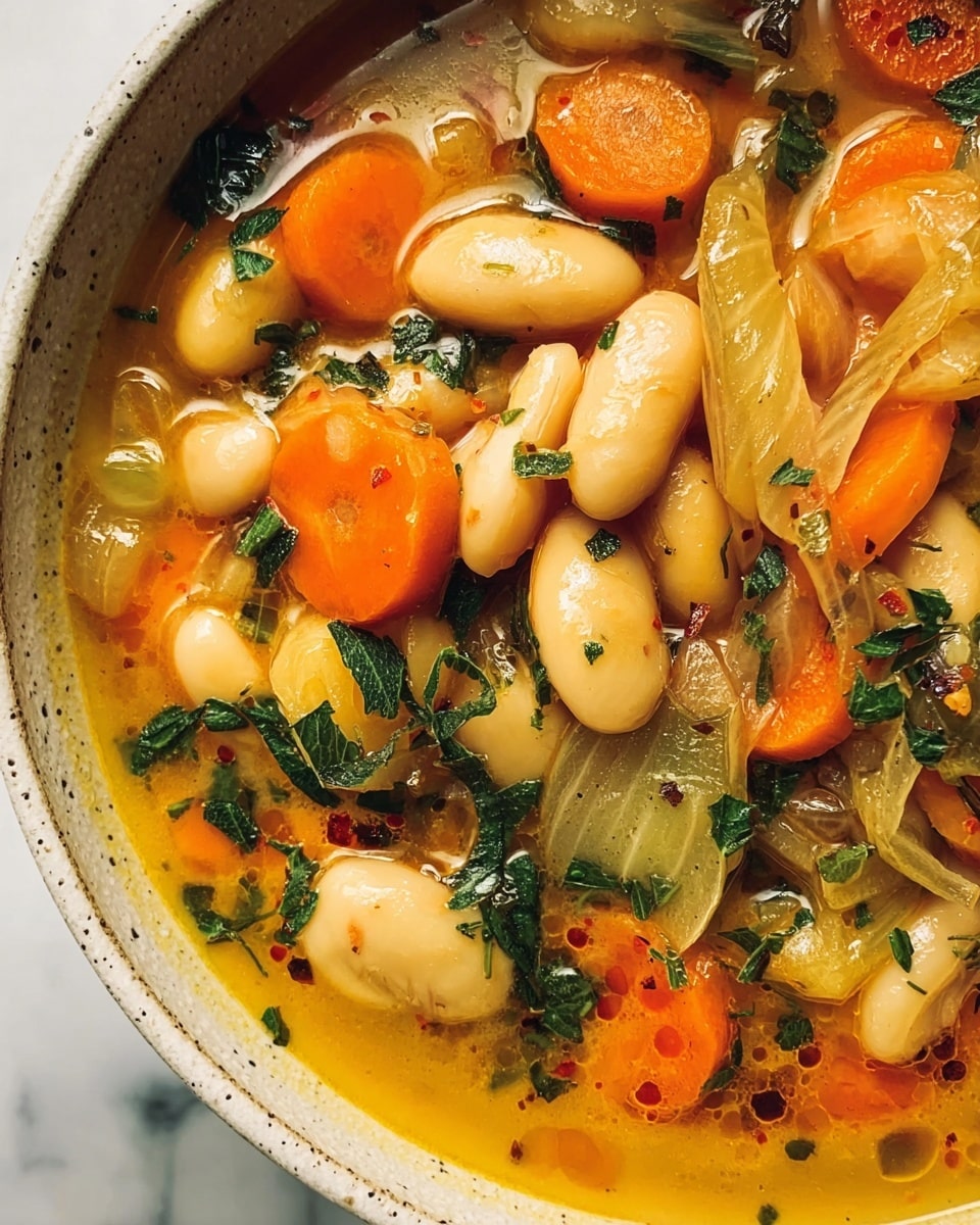 The image shows a close-up of a warm stew with three main layers: the bottom layer is a thick, yellowish-orange broth with a smooth texture and visible oil droplets. The middle layer consists of large white beans, orange carrot slices, and needles of green herbs, all mixed in the broth. The top layer features pieces of translucent cooked onions with slight browning and more green herbs scattered on top. The stew sits on a white marbled surface. photo taken with an iphone --ar 4:5 --v 7