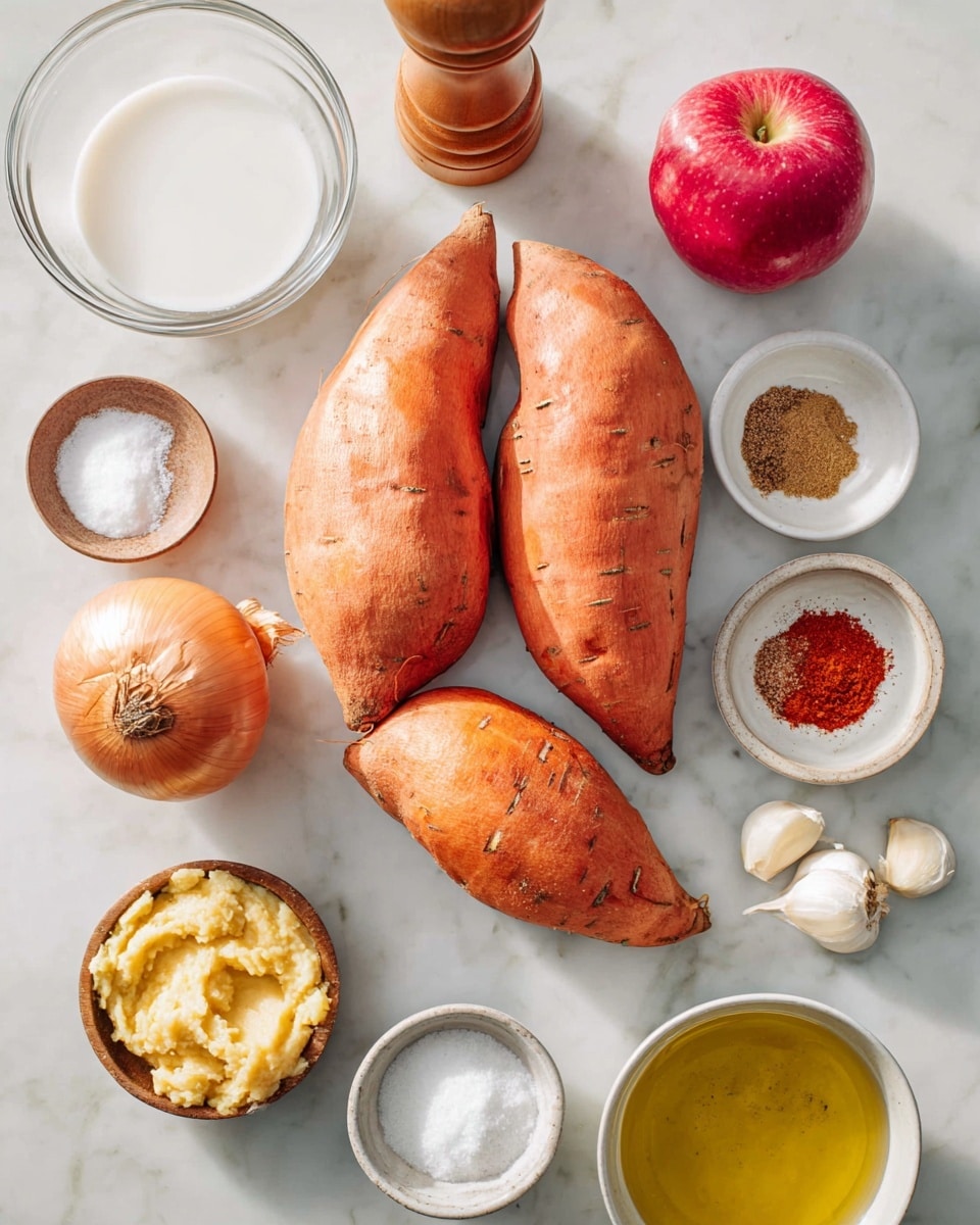 The image shows three large, orange sweet potatoes placed in a row on a white marbled surface. To the left of the sweet potatoes, there is a clear glass bowl filled with a white liquid, and above it, a tall wooden pepper grinder. On the lower left side, there is a whole brown onion. In the center below the sweet potatoes, there is a small white bowl with a paste-like yellow substance, a small wooden bowl with white salt, and a small white bowl filled with a light cream liquid. To the right of these, a small glass bowl of brown spice powder and a small white bowl with red powder are placed next to a red apple. On the far right, there are three garlic cloves and a small glass jar filled with golden oil. The arrangement is clean, with natural lighting highlighting the textures. Photo taken with an iphone --ar 4:5 --v 7