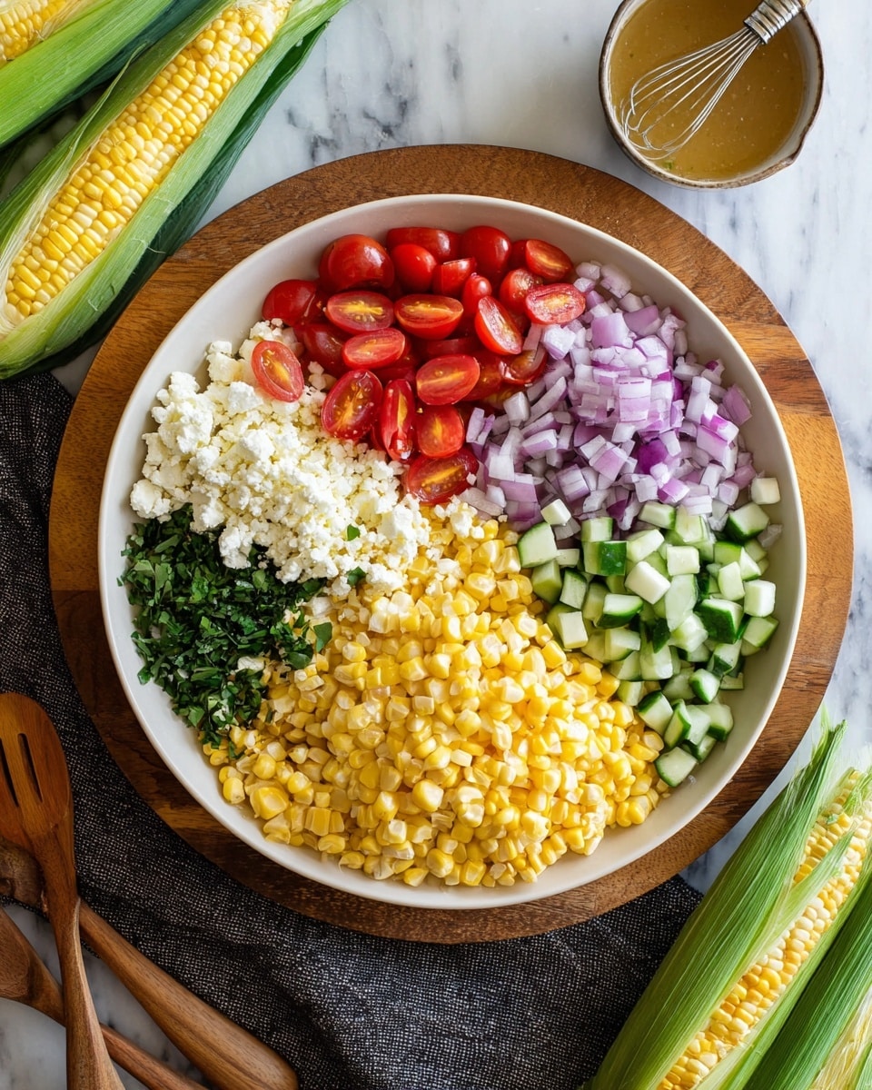 A white round dish with five separate sections holding chopped fresh ingredients: bright red halved cherry tomatoes in the top left, finely chopped purple onions in the top right, crumbly white cheese next to the onions, finely chopped green herbs below the cheese, and small green cucumber cubes at the bottom right. The bottom left section is filled with bright yellow corn kernels. The dish sits on a round wooden board placed over a dark textured cloth on a white marbled surface. Corn with green husks and wooden salad spoons are arranged around the dish, and a bowl with light brown dressing and a whisk is seen in the top right corner. Photo taken with an iphone --ar 4:5 --v 7