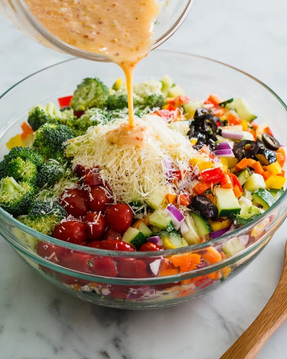 The image shows a clear glass bowl filled with layers of colorful chopped vegetables, including bright green broccoli florets, deep red cherry tomatoes, dark black olive slices, orange carrot rounds, yellow bell pepper pieces, light green cucumber slices, and bits of purple onion, all evenly mixed together. On top of the vegetables, there is a generous layer of white grated cheese. A light orange dressing is being poured over the cheese and vegetables from a clear container. The bowl is placed on a white marbled surface, and a wooden spoon is visible to the right side of the bowl. photo taken with an iphone --ar 4:5 --v 7