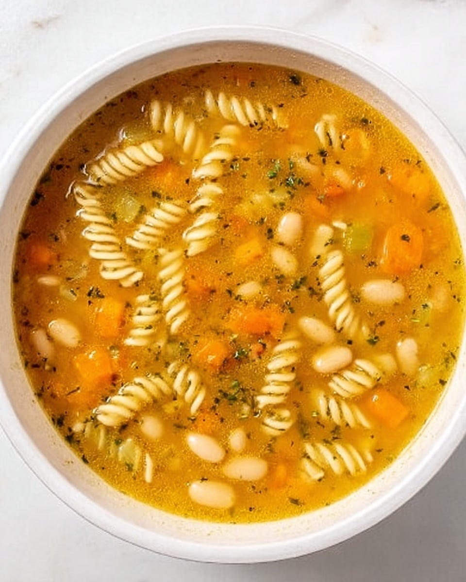 This image shows a white bowl filled with soup on a white marbled surface. The soup has a golden-yellow broth with small bits of orange carrot, green celery, and white beans floating inside. There are several spiral-shaped pasta pieces scattered in the soup. The broth looks clear with some herbs sprinkled throughout. The bowl is viewed from above, showing all the ingredients evenly spread throughout the soup. photo taken with an iphone --ar 4:5 --v 7