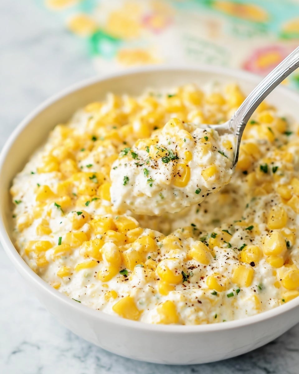 The image shows a white bowl filled with creamy corn. It has two main layers: a smooth white creamy base at the bottom and a thick top layer mixed with bright yellow corn kernels. The top layer is sprinkled with small green herb bits and black pepper dots, adding texture and color contrast. A metal spoon is scooping the corn from the bowl, capturing the creamy and chunky mixture. The background has a white marbled texture with soft, blurred colors. Photo taken with an iphone --ar 4:5 --v 7