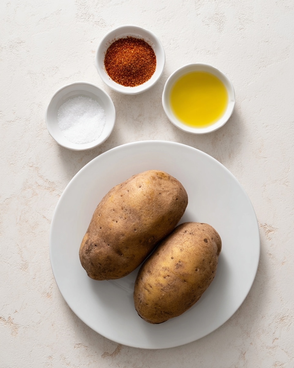 Two large brown potatoes with a rough texture sit on a white round plate in the lower part of the image. Above the plate, three small white bowls are arranged in a loose triangle on a white marbled surface. The bowl on the left holds a reddish spice mix with a grainy texture. The middle bowl contains clear golden oil, and the bowl on the right has fine white salt. The composition is simple and clean with soft natural light. photo taken with an iphone --ar 4:5 --v 7