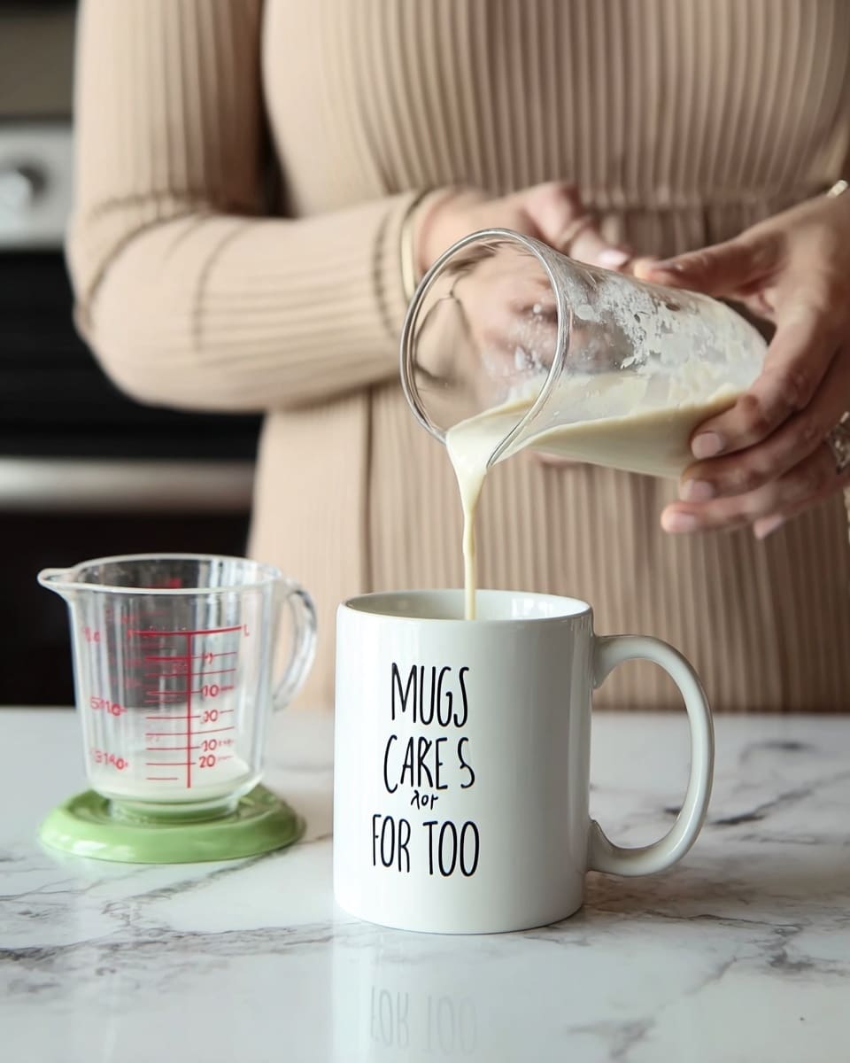 A woman’s hand is holding a clear glass container pouring a light beige liquid into a white mug that has the text “MUGS ARE FOR CAKE, TOO” written in black on the front. The mug is placed on a white marbled surface. To the left of the mug, there is a small clear measuring cup with red markings and a green base. The background is slightly blurred, showing part of a person wearing a beige ribbed shirt. Photo taken with an iphone --ar 4:5 --v 7