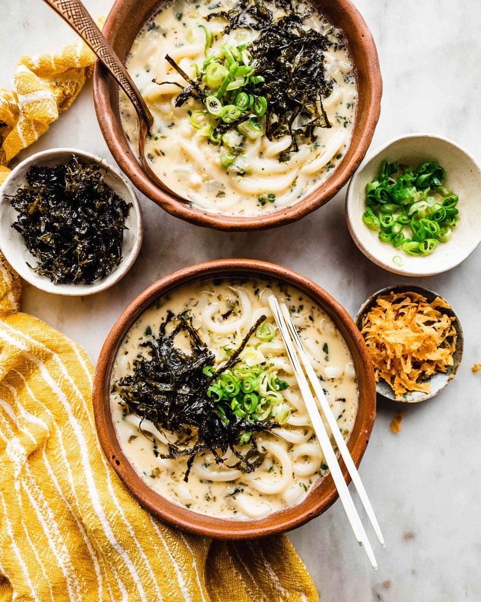 Two bowls filled with creamy soup holding thick, white noodles. The front bowl shows the noodles in a light beige broth mixed with tiny green onion pieces and small dark seaweed strips. On top of the noodles, there is a pile of shredded dark seaweed and more green onions scattered around. A pair of light wooden chopsticks lifts a bundle of noodles above the bowl from the right side. The bowls are white with a soft peach outer surface, resting on a white marbled texture. The photo is sharp and bright, showing close details of the noodles, broth, and toppings. photo taken with an iphone --ar 4:5 --v 7