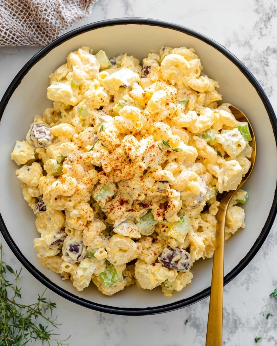 A close-up view of a white bowl filled with creamy macaroni salad, showing about three layers of small elbow macaroni covered in a pale yellow mayonnaise-based dressing. Mixed throughout are small pieces of light green celery, white chopped hard-boiled eggs, and bits of purple-red onion. The macaroni salad is lightly sprinkled with reddish paprika, adding color contrast on top. A golden spoon is resting in the bowl on the right side, scooping some salad. The bowl is placed on a white marbled surface with a few green chives scattered nearby. The lighting is bright and natural, highlighting the textures of the creamy salad and crunchy vegetables. photo taken with an iphone --ar 4:5 --v 7