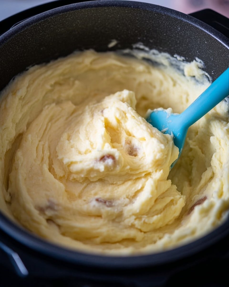 The image shows a pot filled with creamy mashed potatoes, with a few pieces of potato skin visible in the mix. A blue spatula is stirring the smooth, light yellow mashed potatoes inside the black inner part of the pot. The background and surface are not visible clearly, focusing only on the pot and its contents. Photo taken with an iphone --ar 4:5 --v 7