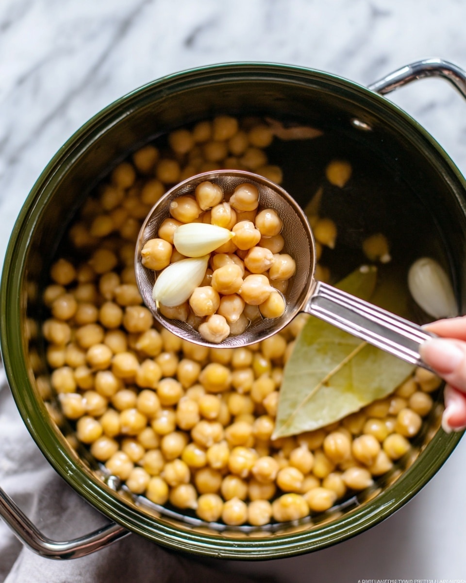 A close-up shot of a silver ladle holding light beige chickpeas and a white clove of garlic above a dark green pot filled with many chickpeas soaking in clear water along with some garlic cloves and a bay leaf at the bottom, all placed on a surface with a white marbled texture. A woman's hand is holding the ladle. Photo taken with an iphone --ar 4:5 --v 7