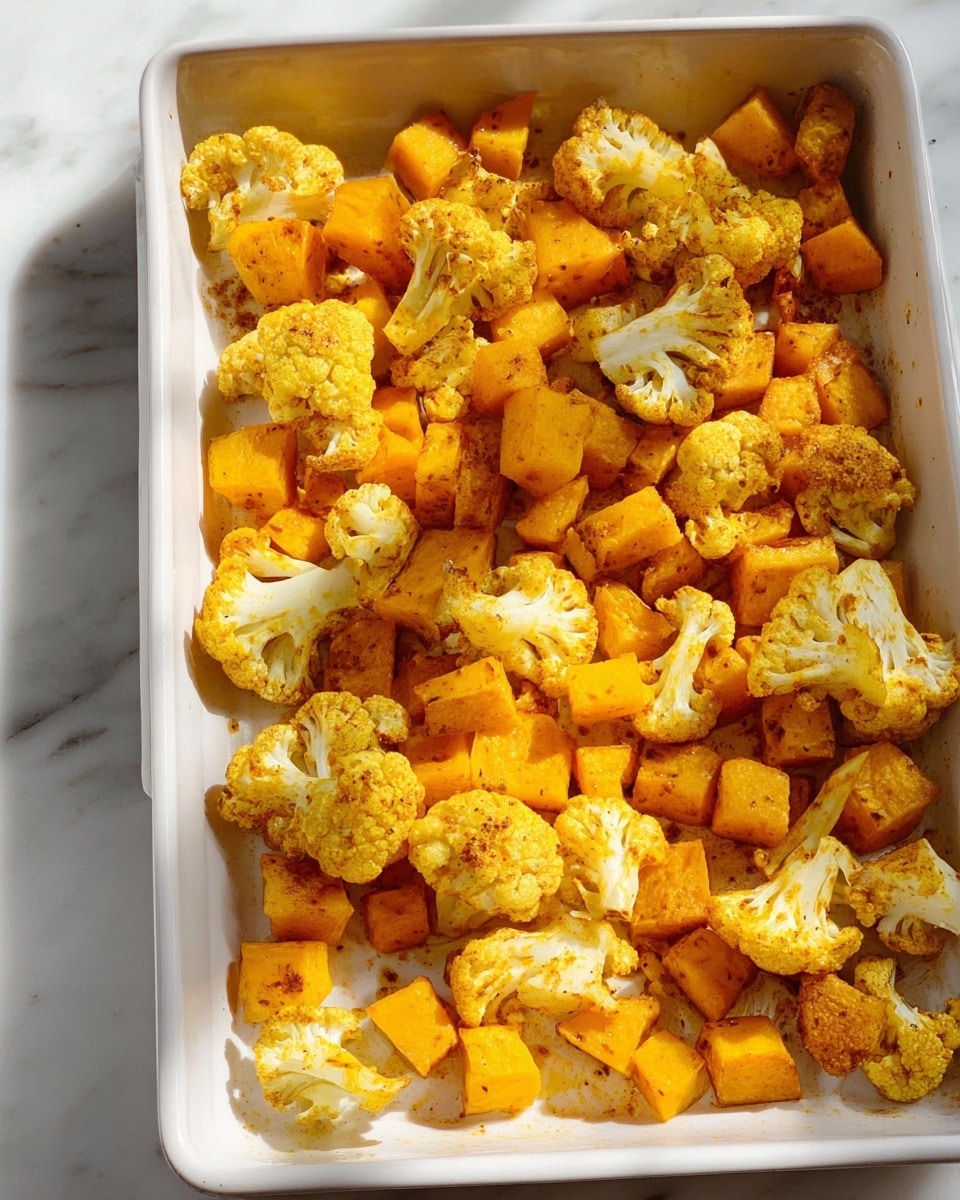 The image shows a white rectangular baking dish filled with roasted pieces of cauliflower and cubed butternut squash. The cauliflower is cut into medium-sized florets, with a light golden yellow color and a slightly crispy texture. The butternut squash is cut into small cubes, displaying a vibrant orange-yellow hue. Both ingredients appear seasoned with a yellowish spice, likely turmeric or curry, giving them a warm and appetizing look. The dish sits on a white marbled surface, with sunlight casting soft shadows across the scene. Photo taken with an iphone --ar 4:5 --v 7