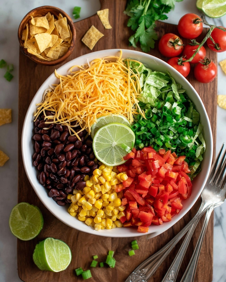 The dish is in a white bowl with seven different layers arranged in separate sections inside. Starting from the top middle, there is a pile of light orange shredded cheese. To the right of the cheese, there are dark green chopped lettuce leaves. Next to the lettuce on the far right side, there are bright red halved cherry tomatoes with smooth shiny skin. Below the tomatoes, the bowl holds many shiny black beans. To the left of the beans, there is a pile of bright yellow corn kernels. Above the corn, there is a mix of light and dark green chopped scallions placed next to two lime slices with visible pulp. Completing the circle on the far left, there is a layer of small diced red bell peppers. The bowl sits on a wooden board with a small wooden bowl filled with crushed light yellow chips, sandwiches fork, and vine tomatoes around. The surface is a white marbled texture. photo taken with an iphone --ar 4:5 --v 7