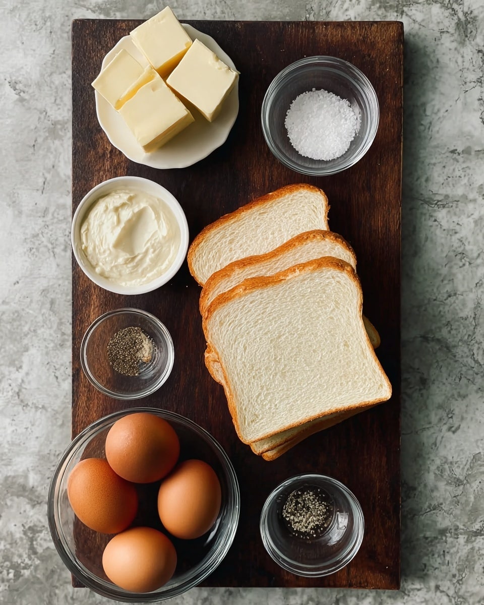 The image shows ingredients arranged neatly on a dark wooden cutting board placed on a white marbled surface. At the center are three slices of white sandwich bread stacked evenly. Below the bread on the board are four small clear glass bowls; starting from the left, there is a creamy white mayo-like sauce, coarse salt, fine salt, and black pepper. Above the cutting board to the left is a small white bowl with three rectangular slices of pale yellow butter. To the bottom left of the board is a larger clear glass bowl holding five brown eggs. The surfaces and containers give a clean, simple, and organized look, perfect for cooking preparation, photo taken with an iphone --ar 4:5 --v 7