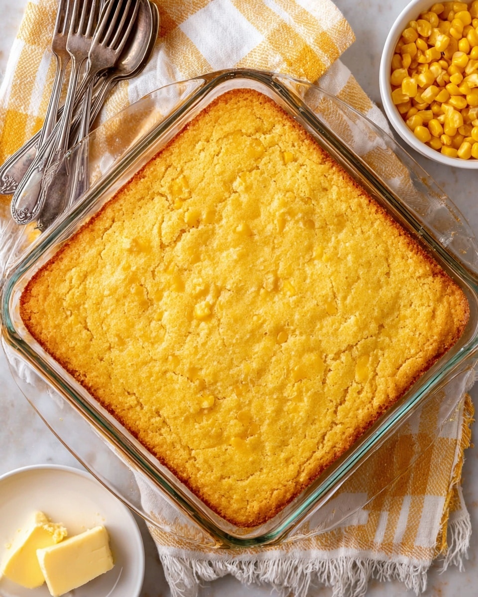 A golden yellow baked casserole with a slightly cracked and crispy top layer fills a clear square glass dish. The casserole surface shows a soft, crumbly texture with small pieces of corn visible throughout. It sits on a soft white and yellow striped cloth placed over a white marbled surface. On the top left, some vintage silver forks and spoons rest next to a cream-colored fringed cloth. In the lower right corner, a white bowl is filled with bright yellow corn kernels. A white plate holding a chunk of butter is partly visible in the bottom left. photo taken with an iphone --ar 4:5 --v 7