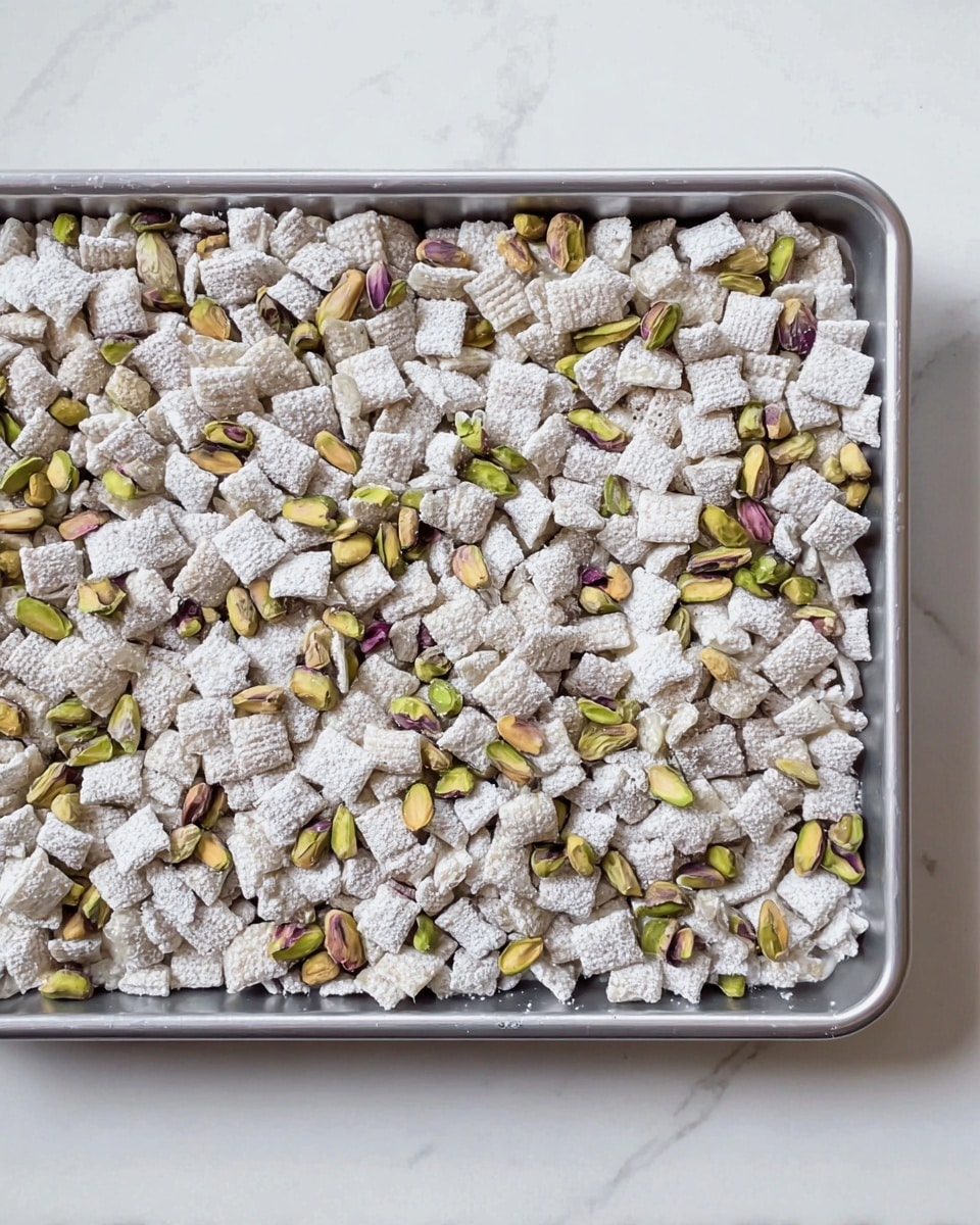 A rectangular metal tray filled with a single layer of small, square puffed cereal pieces covered in a white powdery coating, evenly spread across the surface. Scattered randomly throughout the cereal are whole pistachio nuts showing their green and purple shells, adding a touch of color contrast. The tray is placed on a white marbled surface, giving a clean and bright look to the image. Photo taken with an iphone --ar 4:5 --v 7