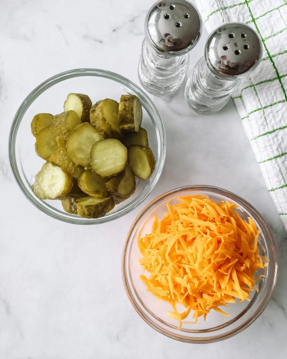 The image shows two clear glass bowls on a white marbled surface. The bowl on the left contains thick slices of green pickles with a shiny texture, piled up to fill the bowl. The bowl on the right is filled with bright orange shredded cheese, loosely piled and showing a soft texture with thin, short strands. Above the bowls towards the top left corner are two clear glass salt and pepper shakers with metallic tops, and part of a white cloth with a green grid pattern is visible near the shakers. photo taken with an iphone --ar 4:5 --v 7