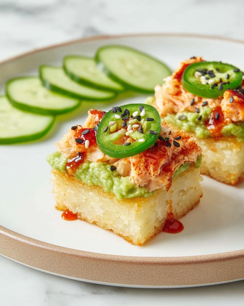 The dish shows two small square layers on a white plate with a light brown edge, placed on a white marbled surface. The bottom layer is a golden crisp rice cake with a slightly crunchy texture. On top of this is a thick spread of green avocado mash. Above the avocado, there is a creamy orange topping with small chunks, finished with a drizzle of red sauce and sprinkled black and white sesame seeds. Each piece is crowned with a fresh green jalapeno slice that adds a fresh contrast. In the background, thin green cucumber slices are arranged in a semicircle formation on the same plate. photo taken with an iphone --ar 4:5 --v 7