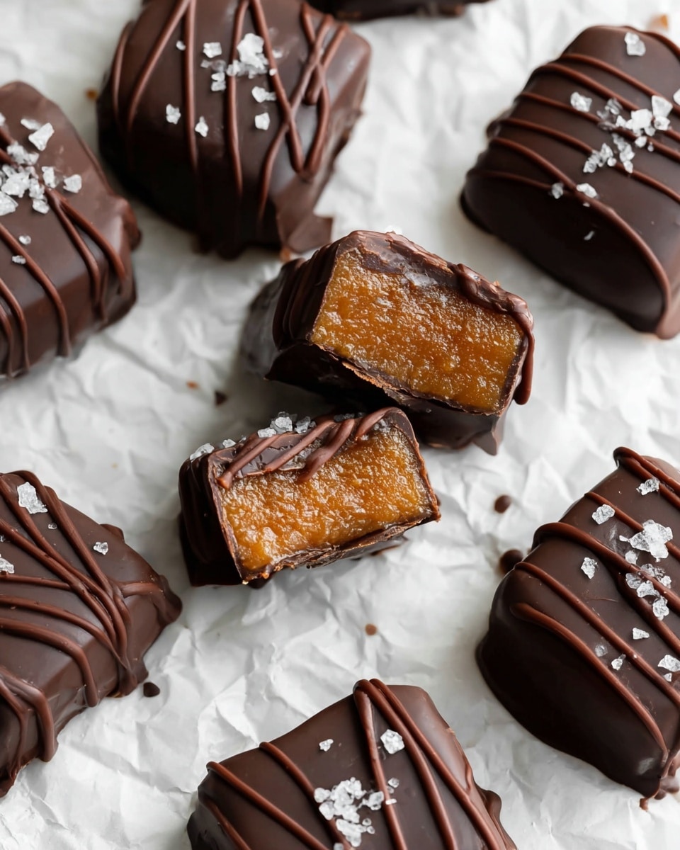 The image shows several small square chocolate pieces covered in smooth dark chocolate with thin dark chocolate drizzle lines on top. Each piece is sprinkled with a few small flakes of sea salt. One piece is cut open, revealing a dense, golden-brown caramel layer inside. The chocolates are placed on crinkled white parchment paper on a white marbled surface. Photo taken with an iphone --ar 4:5 --v 7
