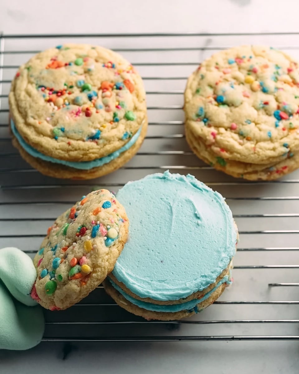 Three round cookies sit on a metal cooling rack over a white marbled texture. The two cookies on each side have a light golden color with colorful confetti sprinkles baked inside. The middle cookie is a sandwich cookie with two light golden cookies and a thick layer of smooth, bright blue frosting in between. A woman’s hand with a pale turquoise glove is holding the top cookie above the sandwich cookie as if about to place it down. The lighting is soft and natural, highlighting the textures of the cookies and frosting photo taken with an iphone --ar 4:5 --v 7