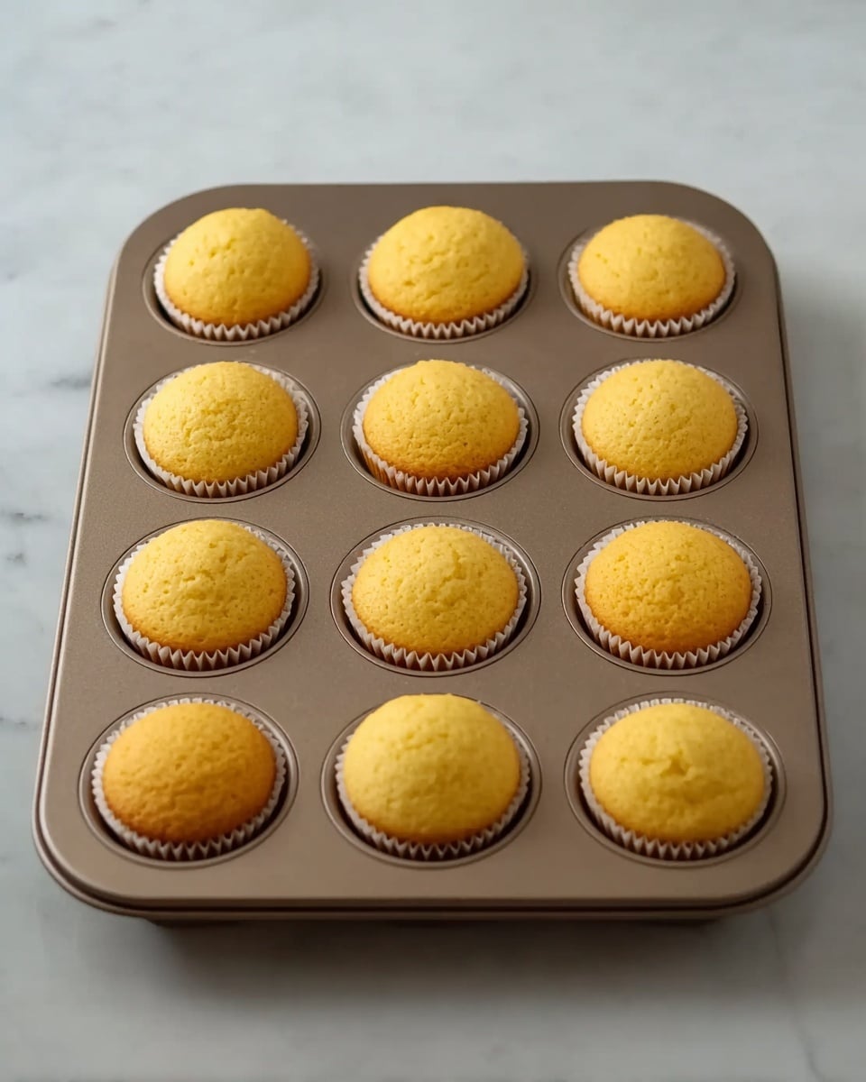 A metal muffin tray holds twelve evenly baked golden yellow cupcakes, each sitting in a white paper liner. The cupcakes have smooth, slightly domed tops with a soft, light texture. The tray is placed on a white marbled surface that adds a clean and bright background to the image. Photo taken with an iphone --ar 4:5 --v 7