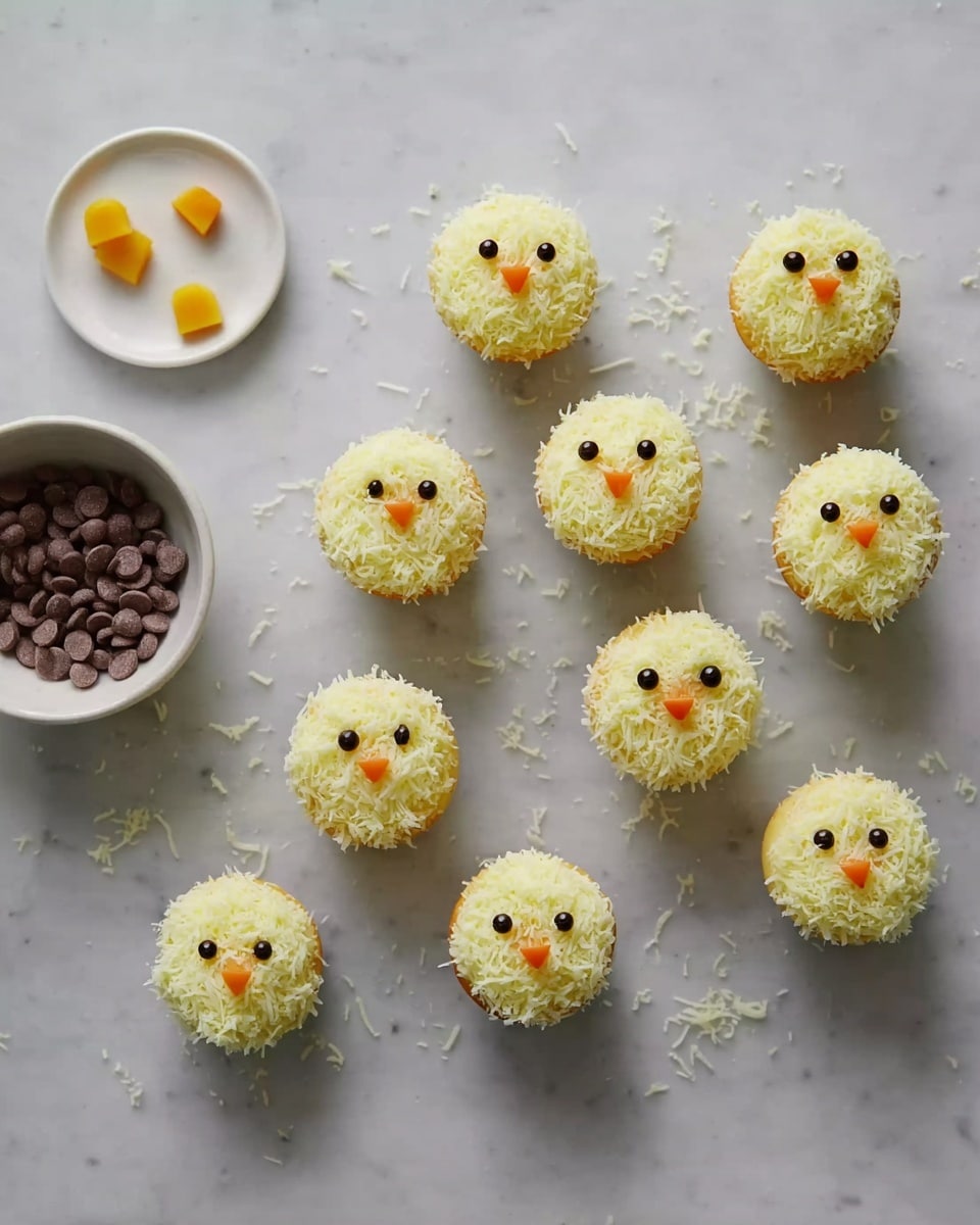There are twelve small cupcakes placed on a white marbled surface. Each cupcake has a light yellow layer of shredded topping that looks soft and fluffy. Four cupcakes have two small dark round pieces for eyes and an orange small piece for a beak, making them look like little chicks. A white bowl filled with dark round pieces sits on the left side, and above it is a small white plate with a few small orange pieces. The cupcakes are scattered evenly across the surface in an irregular pattern, with some shredded topping loose around them. Photo taken with an iphone --ar 4:5 --v 7