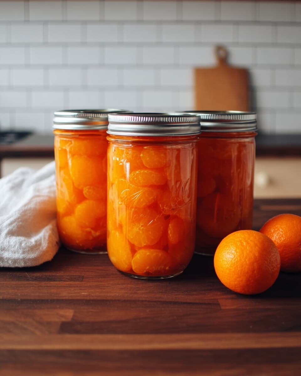 Three glass jars are filled with bright orange segments packed tightly inside. Each jar has a silver metal lid and is placed in a row on a dark wooden surface. Behind the jars, two whole orange fruits sit on the surface, slightly blurred. The background shows white tiled walls and a white cloth on the side. The photo taken with an iphone --ar 4:5 --v 7