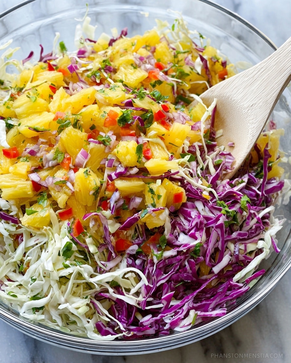 A large clear bowl filled with a colorful salad made of roughly three layers: the bottom has shredded white cabbage, above that is a mix of bright yellow pineapple chunks and thin purple cabbage strips, and the top is scattered with finely chopped red onions, small pieces of red bell pepper, and bits of green herbs. A white wooden spoon rests inside the bowl, partially buried under the salad. The bowl sits on a white marbled surface. photo taken with an iphone --ar 4:5 --v 7