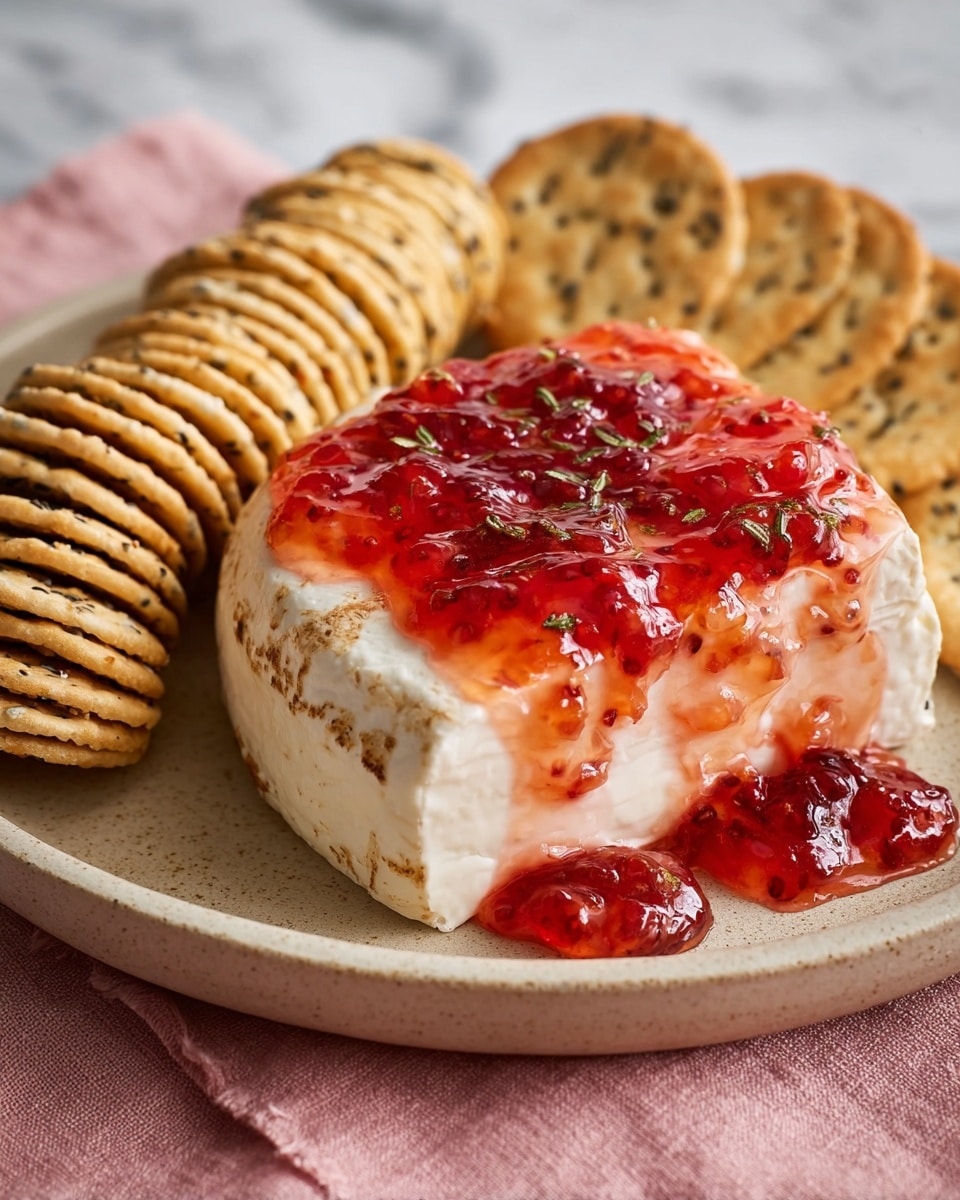 A beige round plate holds a block of creamy white cheese topped with shiny red strawberry jelly that drips down the sides, pooling slightly at the base. On the left side of the plate, there is a neat stack of thin, round crackers with visible poppy seeds, while on the right side, a line of larger, plain round crackers leans against the cheese. The plate is set on a soft pink cloth, with a white marbled surface behind it. photo taken with an iphone --ar 4:5 --v 7