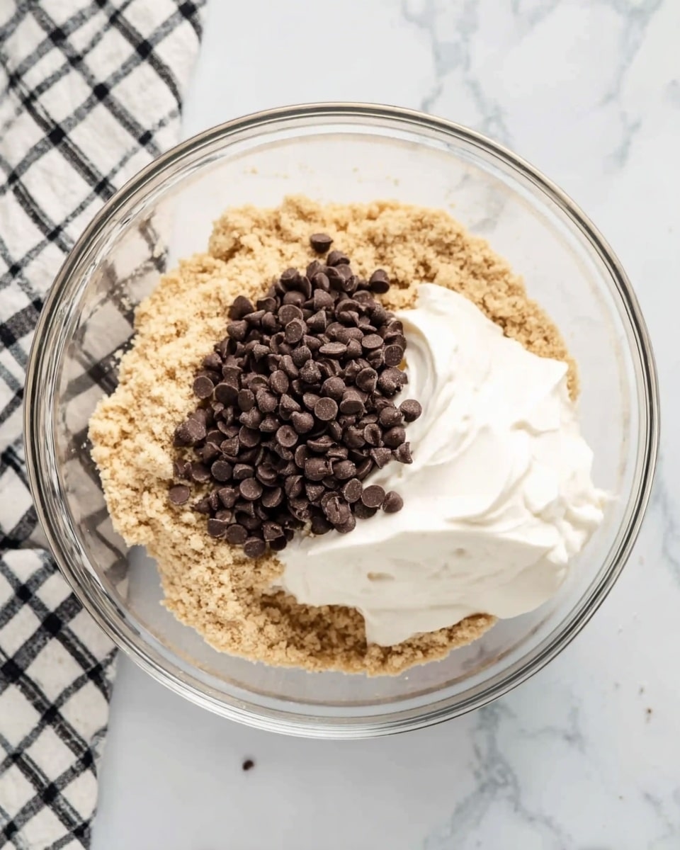 A clear glass bowl sits on a white marbled surface with a black and white checkered cloth in the background. Inside the bowl, there are three main layers: a light beige crumbly layer spread mostly around the bowl, a pile of small dark brown chocolate chips centered above the beige layer, and a dollop of thick, white creamy substance positioned next to the chocolate chips on the right side. Photo taken with an iphone --ar 4:5 --v 7