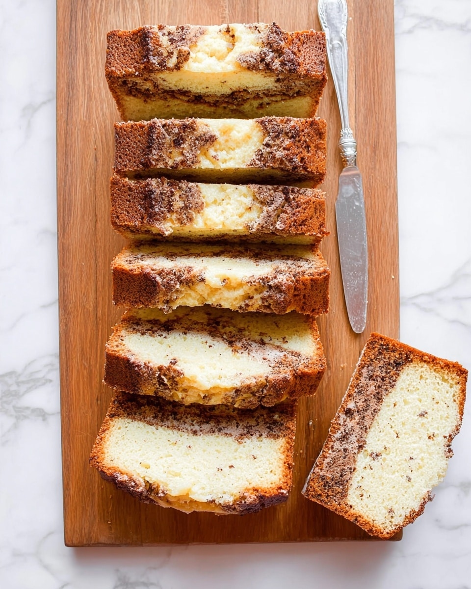 The image shows thick slices of a layered cake set on a wooden board with a white marbled background. The cake has three visible layers: the top layer is a golden brown crust with a slightly bumpy texture, the middle layer is smooth and creamy white, and the bottom layer is a dense, light brown cake with nuts or grainy bits visible. The cake appears moist and cut cleanly into rectangular pieces with one slice slightly pulled forward. The lighting highlights the shiny, textured crust and the soft creamy middle layer. Photo taken with an iphone --ar 4:5 --v 7