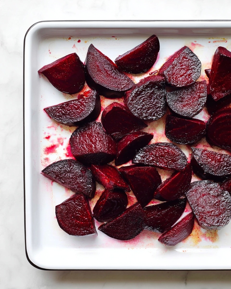 A white tray filled with roasted beet slices arranged loosely on it, each slice showing a rich deep red to dark purple color with a slightly shiny, textured surface and some edges curling up slightly, the slices vary in size and shape, some are wedges while others are smaller pieces, slight red juice stains are visible around and under the beets on the white tray, all set on a white marbled surface photo taken with an iphone --ar 4:5 --v 7