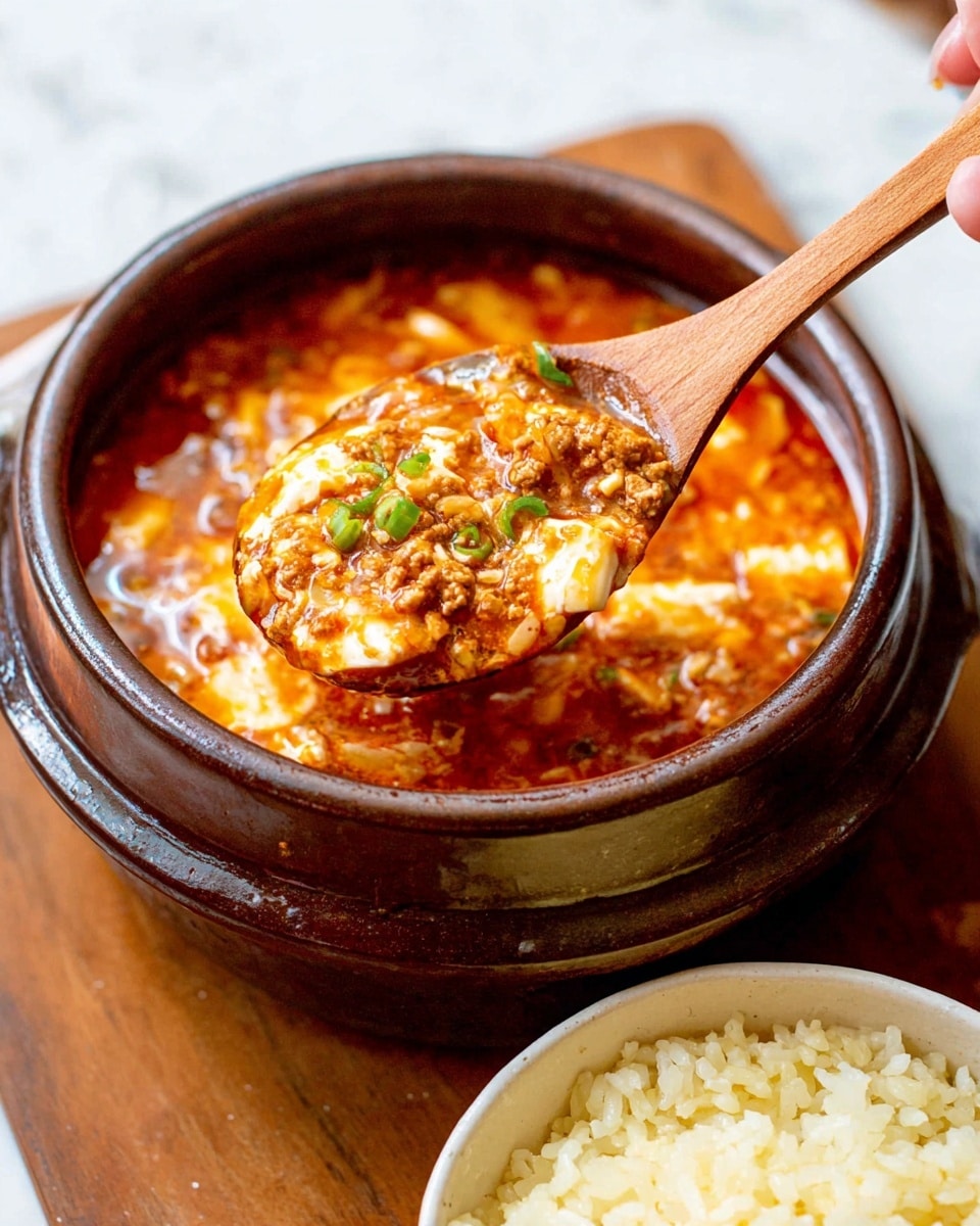 A close-up view of a clay pot filled with a thick, orange-red soup that has visible pieces of tofu, ground meat, and chopped green onions floating in it. A wooden spoon scoops up a portion of the soup, showing layers of soft tofu, brown minced meat, and glossy reddish broth, all with a slightly oily texture. In the foreground, a white bowl is partially visible, containing fluffy, light yellow cooked rice. The setup is placed on a white marbled surface, and a woman's hand holds the wooden spoon. Photo taken with an iphone --ar 4:5 --v 7