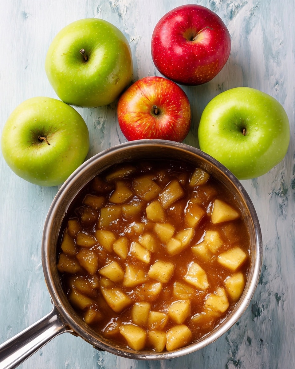 A metal pot filled with soft, golden brown chopped apples mixed in a shiny cinnamon sauce, resting on a white marbled surface. Around the pot, there are five whole apples: three bright green apples with smooth skin and two red apples with a mix of red and yellow hues, all arranged casually behind the pot. Photo taken with an iphone --ar 4:5 --v 7