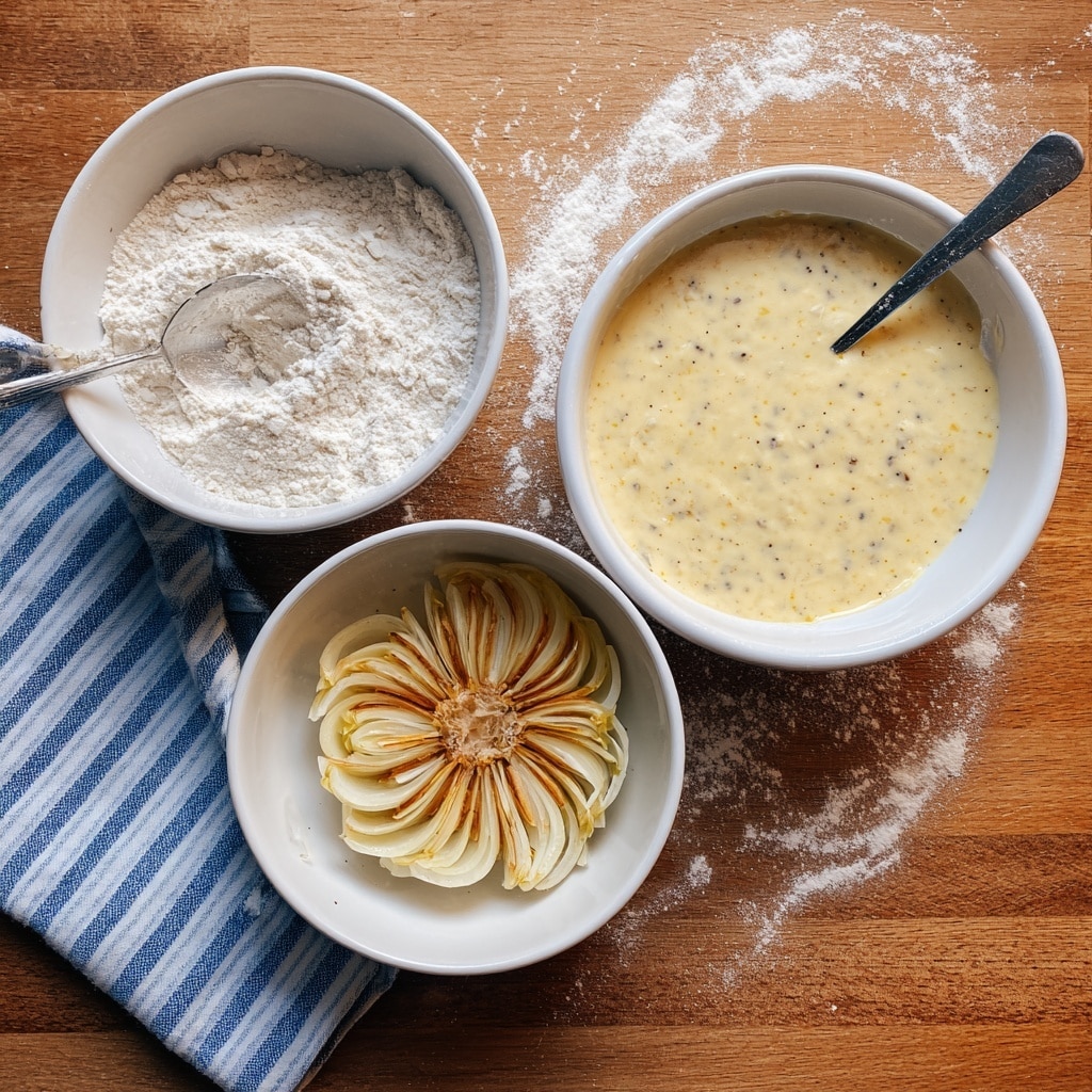 The image shows three white bowls on a wooden table with some flour sprinkled around. The bottom bowl contains pieces of light orange food coated in a powdery light beige flour, arranged in a circular pattern with one piece in the center and others fanned out evenly around it. The top right bowl has a creamy yellowish batter with small dark specks floating in it, with a spoon resting inside. The top left bowl holds dry flour with a metal spoon inside. A blue and white striped cloth is placed on the left edge of the table. photo taken with an iphone --ar 4:5 --v 7