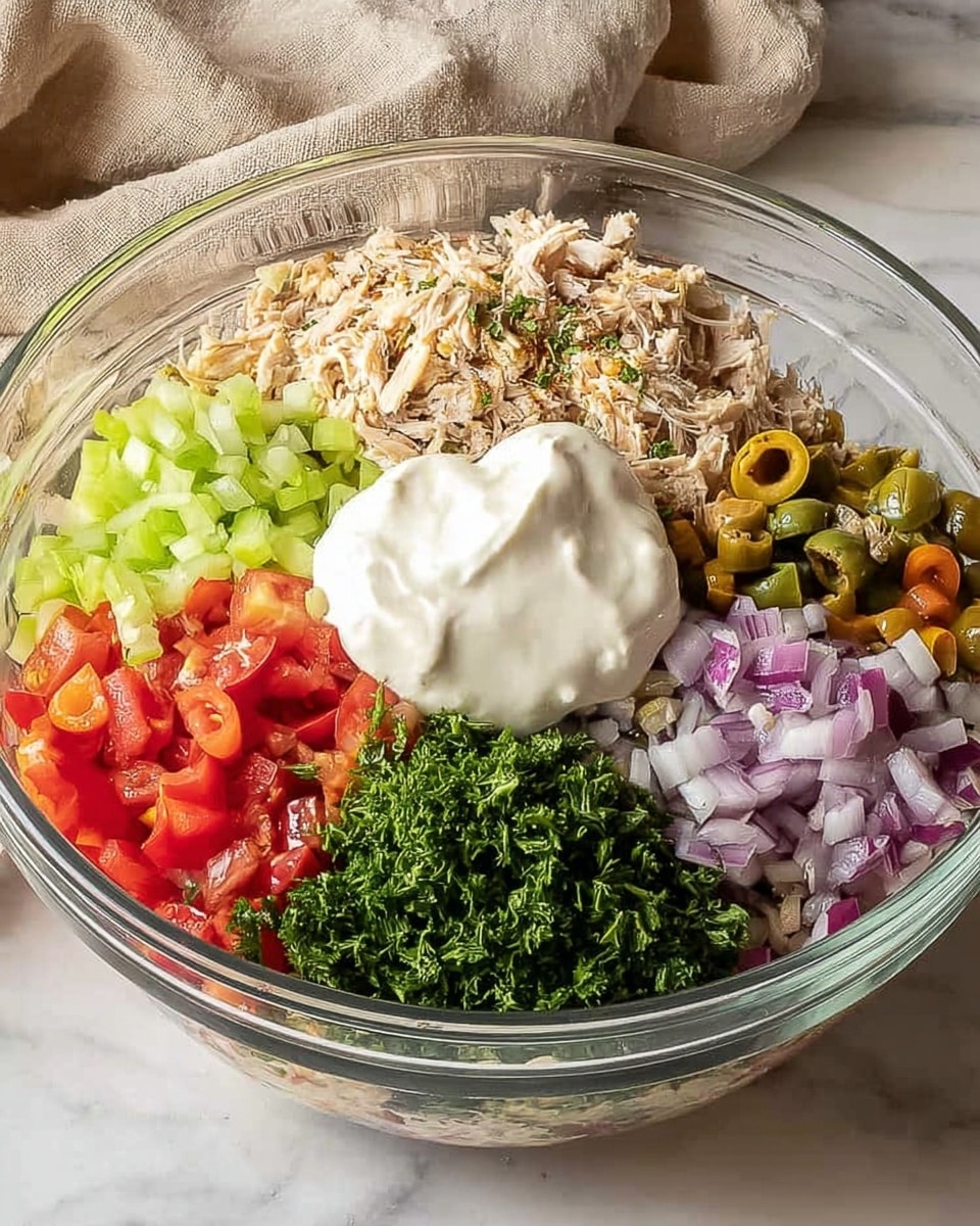 A clear glass bowl filled with separate layers of fresh ingredients arranged in a circle on top of a base layer of shredded beige chicken. Around the edge, there are chopped bright red tomatoes on the left, pale green chopped celery next to them, finely chopped dark green parsley below, small pieces of chopped purple and white onions on the lower right, and finely chopped green and orange olives on the upper right. In the middle of the bowl, there is a generous dollop of white creamy mayonnaise sitting on top of a light brown dry seasoning mix. The bowl is placed on a white marbled surface with a beige cloth gently draped in the background. Photo taken with an iphone --ar 4:5 --v 7
