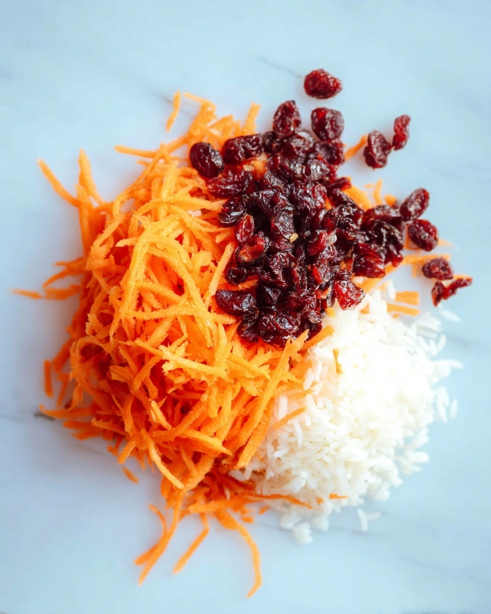The image shows a white plate with three main layers of food placed separately: a pile of thin orange shredded carrots forming the base, a cluster of dark red dried cranberries on top and partly around the carrots, and a small portion of white rice positioned next to the carrots and cranberries on the right side. The white marbled surface is visible around the plate, giving a clean and bright look. photo taken with an iphone --ar 4:5 --v 7