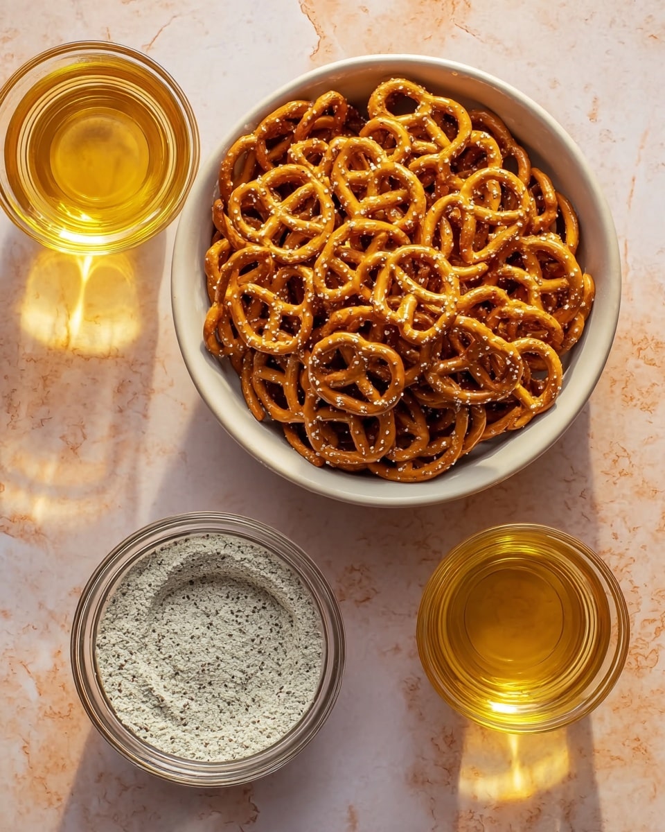 A top view of a white bowl full of small golden brown pretzels with a few white salt grains on top shows the first main layer. Below the bowl, there is a smaller white bowl filled with a light grayish powder with dark specks, placed at the bottom center. To the left and right of this small bowl, there are two clear glass bowls filled with a golden yellow liquid. The arrangement is centered on a white marbled surface with soft orange and yellow light reflections. The lighting highlights the smooth and crunchy texture of the pretzels and the shiny liquid in the glass bowls photo taken with an iphone --ar 4:5 --v 7