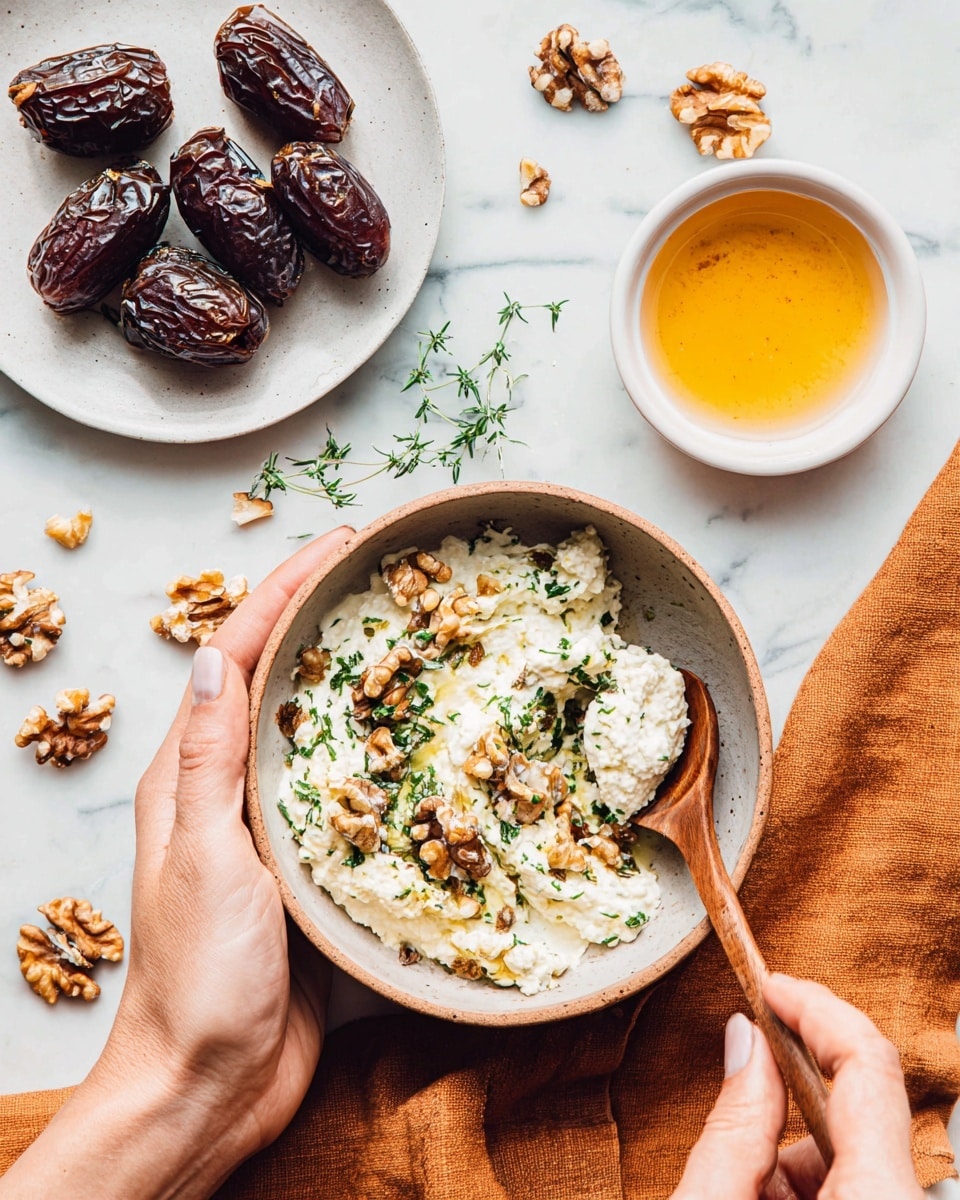 A close-up image shows a bowl with creamy white cheese mixed with chopped walnuts and green herb sprigs, the woman's hand holding it on the left and another woman's hand stirring inside the bowl with a wooden spoon on the right. Above and slightly to the left of the bowl, a white plate holds six dark brown wrinkled dates, some split open. To the right of the bowl, there is a small white bowl filled with golden honey. A folded orange cloth napkin lies near the honey bowl on a white marbled surface scattered with some walnut pieces and herb leaves. Photo taken with an iphone --ar 4:5 --v 7