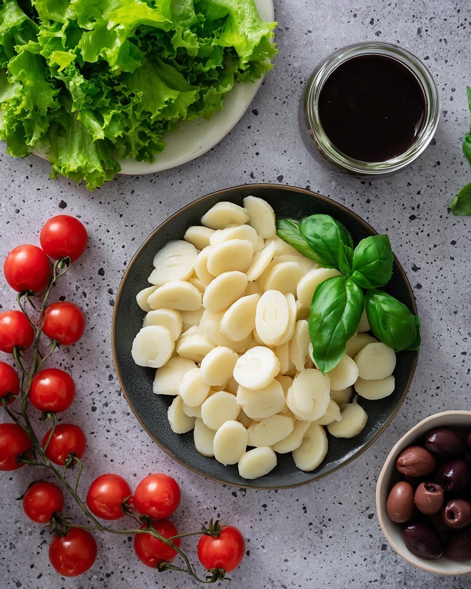 The image shows a dark round plate filled with many smooth, oval-shaped white slices of hearts of palm, topped with three fresh green basil leaves on the right side. Around the plate on a gray speckled surface are small bright red cherry tomatoes attached to green stems, a small white bowl filled with shiny dark purple olives on the right, and a jar of dark brown dressing above the plate. In the upper left corner, a white dish holds curly bright green lettuce leaves, adding a fresh touch to the scene. photo taken with an iphone --ar 4:5 --v 7