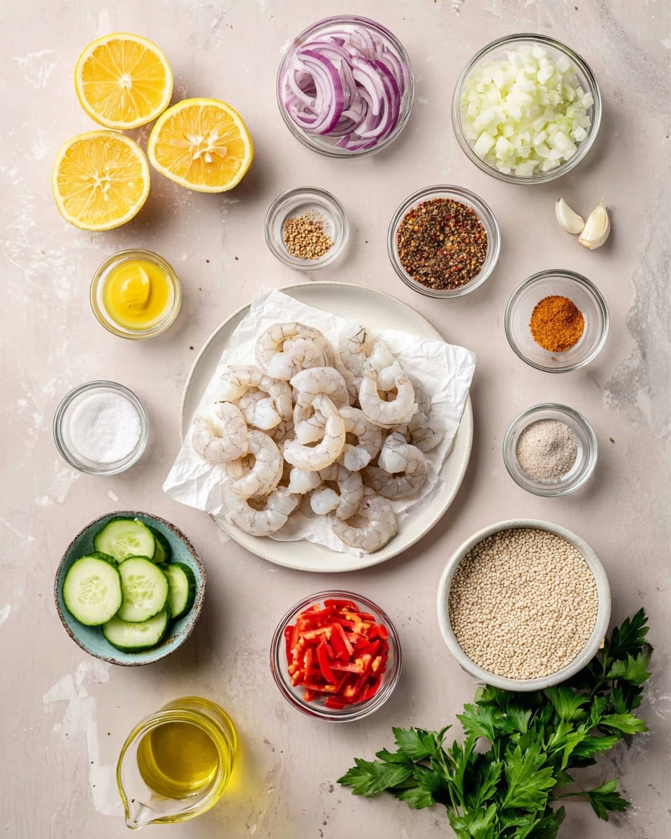 A top view of many small white bowls and glass bowls with ingredients placed on a light background. In the center there is a white plate with white raw shrimp on top of a white paper. Around the plate, clockwise from the top left, are two lemon halves, a small glass bowl with minced garlic, a small white bowl with chopped red onion, a small glass bowl with yellow mustard, a small glass bowl with light brown powder, a glass jug with yellow oil, a small white bowl with white crumbled cheese, a bigger white bowl filled with small beige grains, a small white bowl with red chopped bell peppers, a small glass bowl with red spices, a small glass bowl with black pepper, a small glass bowl with salt, a small glass bowl with light yellow liquid, a small white bowl with chopped cucumber, and some sprigs of green parsley. The ingredients are clean and neatly arranged on a white marbled surface. Photo taken with an iphone --ar 4:5 --v 7