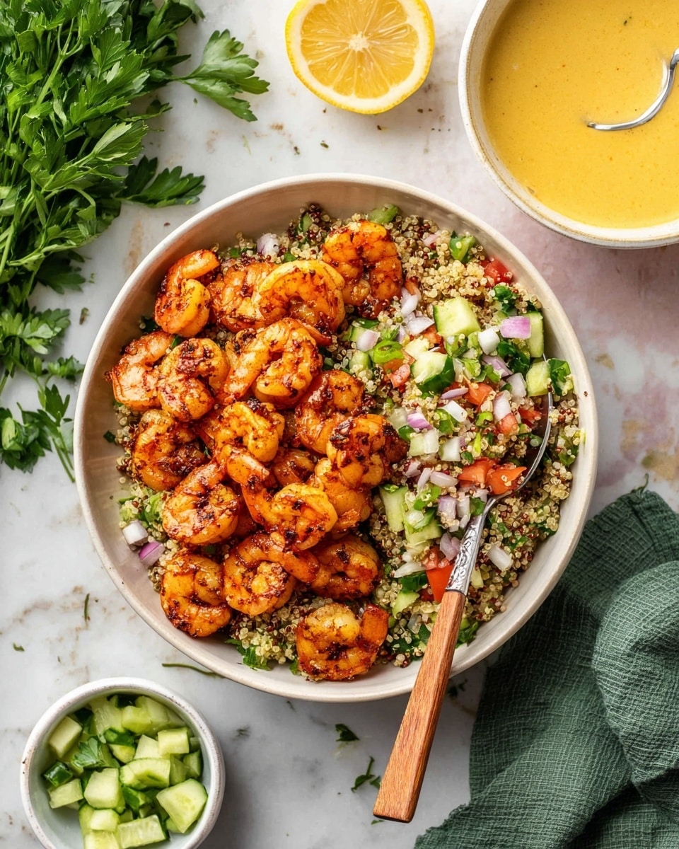 A white bowl with two layers: the bottom layer is a mix of quinoa, small green cucumber pieces, diced red tomatoes, and bits of red onion, giving a multicolor, grainy, and fresh appearance; the top layer is a generous pile of cooked shrimp, orange with dark grill marks, slightly glossy and curved, scattered evenly on top. A wooden spoon rests inside the bowl on the right side. Around the bowl, there is a sliced lemon showing its bright yellow interior, a white bowl filled with a yellow sauce and silver spoon inside, another small white bowl with small green cucumber pieces, a bunch of fresh green parsley at the bottom left, and a folded green cloth napkin on a white marbled surface. photo taken with an iphone --ar 4:5 --v 7