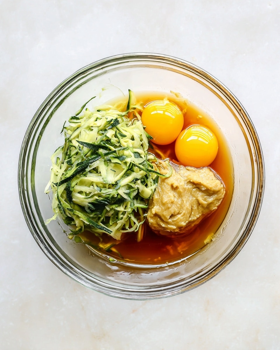 A clear glass bowl sits on a white marbled surface, holding four main ingredients. One side has two raw eggs, bright yellow and orange, their smooth round yolks shining. Next to the eggs is a mound of fresh green shredded zucchini with thin dark green skin visible, showing a fine texture. Nearby is a thick, beige paste that looks smooth and soft. A light amber liquid, likely oil or syrup, surrounds and mixes with the other ingredients, adding a glossy shine. The bowl is seen from above with clear edges contrasting against the soft white marbled background photo taken with an iphone --ar 4:5 --v 7
