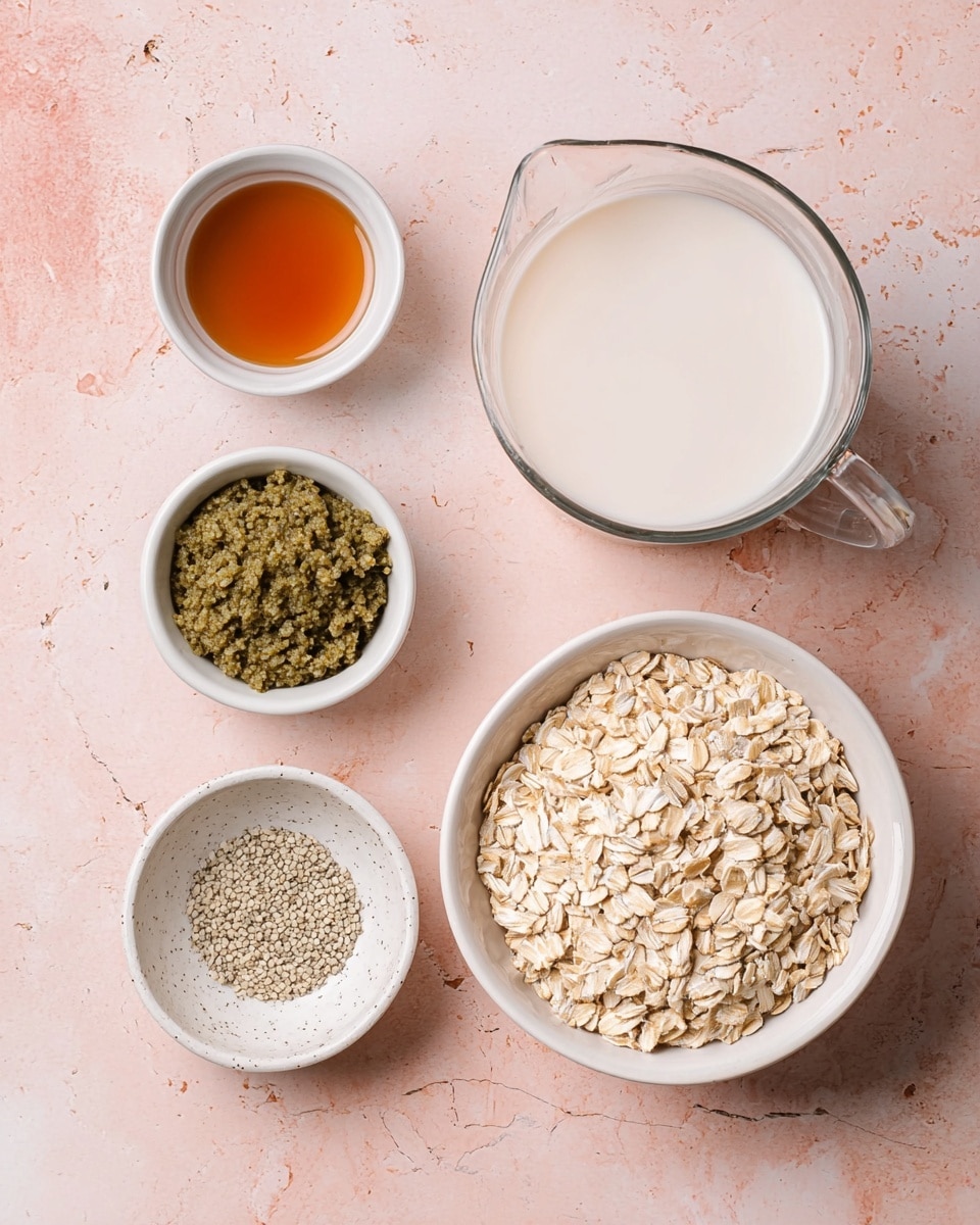 The image shows six white bowls arranged on a white marbled surface with a pink tint. The largest bowl at the bottom right is filled with dry rolled oats, light beige and flat with a slightly rough texture. Above it, to the right, is a glass measuring cup filled with smooth, white coconut milk. To the left of the milk, there are three small white bowls stacked vertically: the top one holds a shiny, amber-brown liquid, the middle one contains a dense green paste with a slightly chunky texture, and the bottom one is filled with light beige and green hemp seeds with a small round shape. At the bottom left, a small white dish has coarse, dark speckles on its surface and appears empty or with a few specks. The photo taken with an iphone --ar 4:5 --v 7