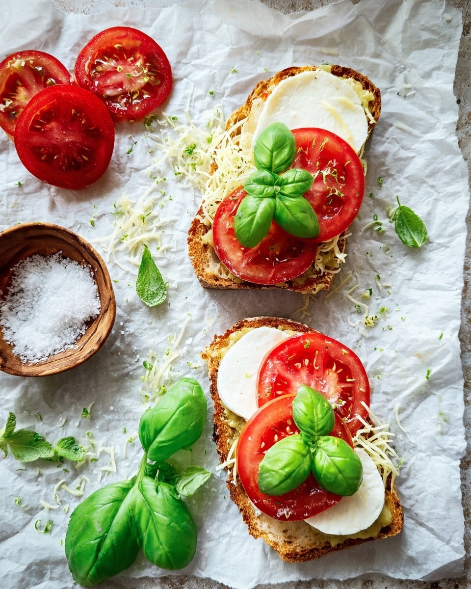 Two open sandwiches are set on crumpled white parchment paper over a white marbled surface. Each sandwich has a base layer of toasted golden-brown bread topped with shredded white cheese, two slices of bright red tomato, two round slices of white mozzarella cheese showing a soft texture, and three fresh green basil leaves on top. Around the sandwiches, there are extra slices of red tomato, fresh basil sprigs, and a small wooden bowl filled with coarse white salt. The overall scene is colorful with a mix of reds, whites, and greens, capturing a fresh and simple Italian style. photo taken with an iphone --ar 4:5 --v 7