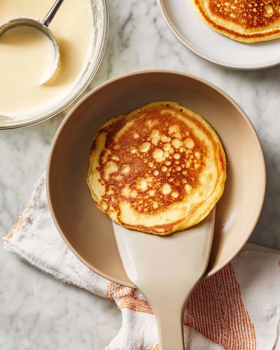 A single round pancake with a golden-brown top showing a bubbly texture is being held on a light gray spatula inside a light-colored pan. The pan rests on a white marbled surface with a white and orange striped cloth underneath. In the top left corner, a clear glass bowl with some creamy batter remains and a metal ladle inside it is visible. A white plate with another pancake is partly seen in the top right corner. Photo taken with an iphone --ar 4:5 --v 7
